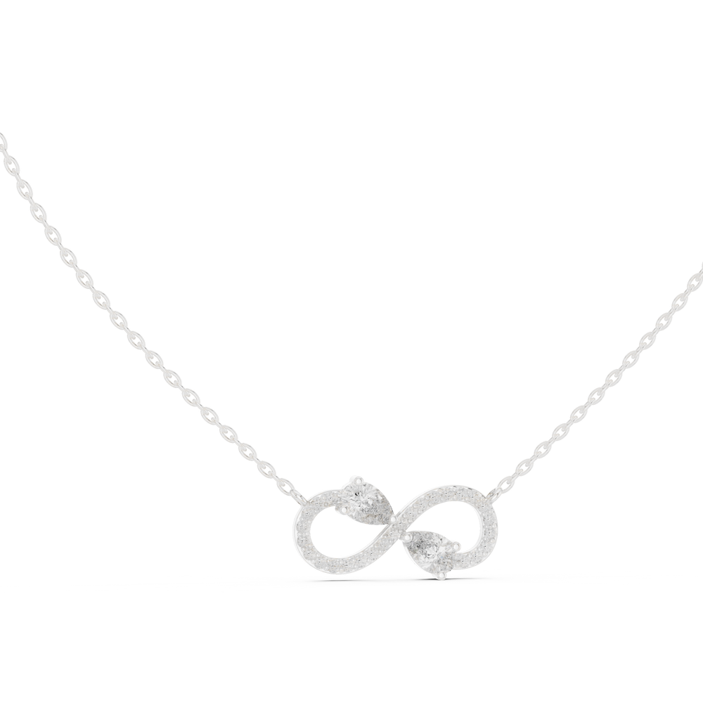 Infinity symbol pave diamond pendant necklace with dual pear cut stone accent