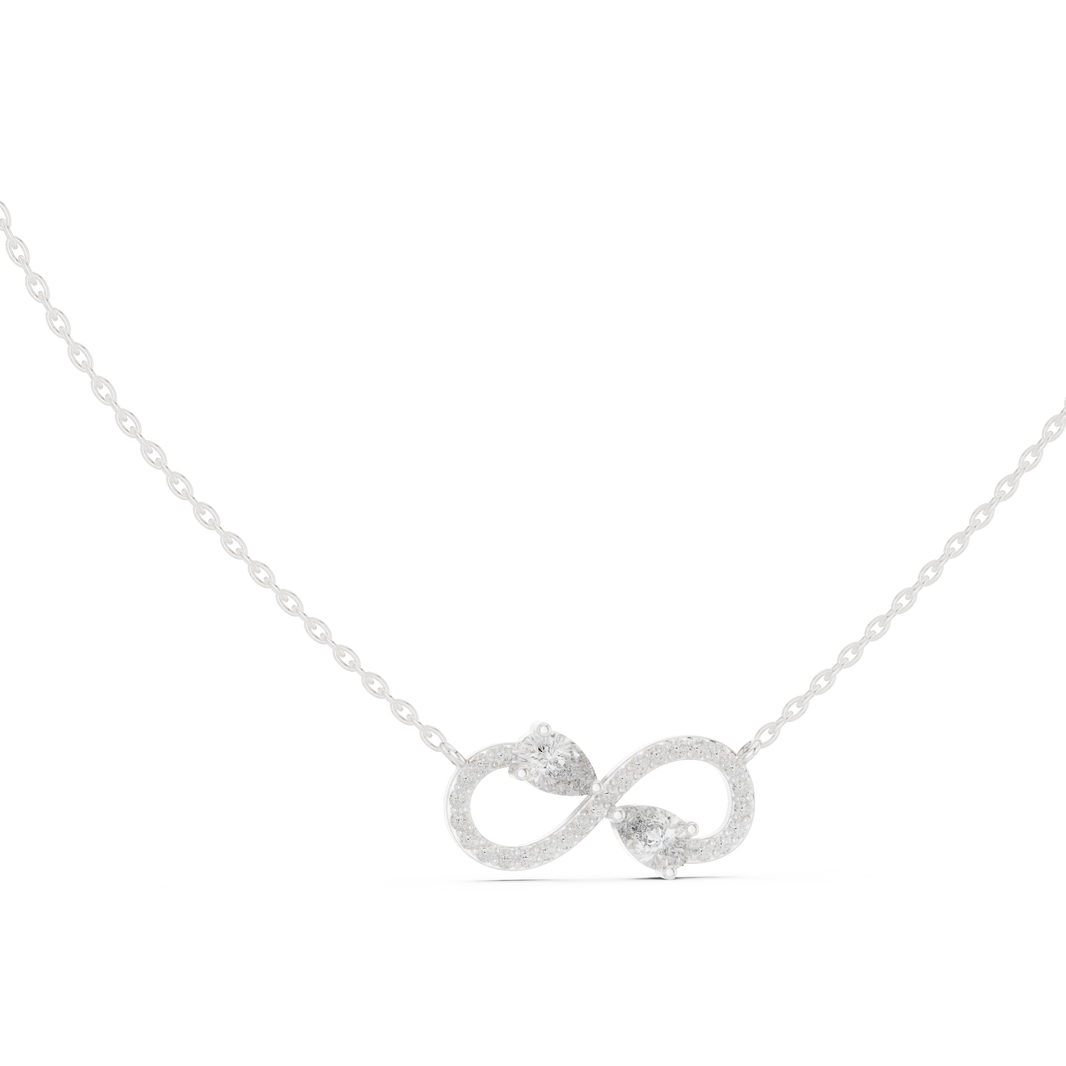 Infinity symbol pave diamond pendant necklace with dual pear cut stone accent