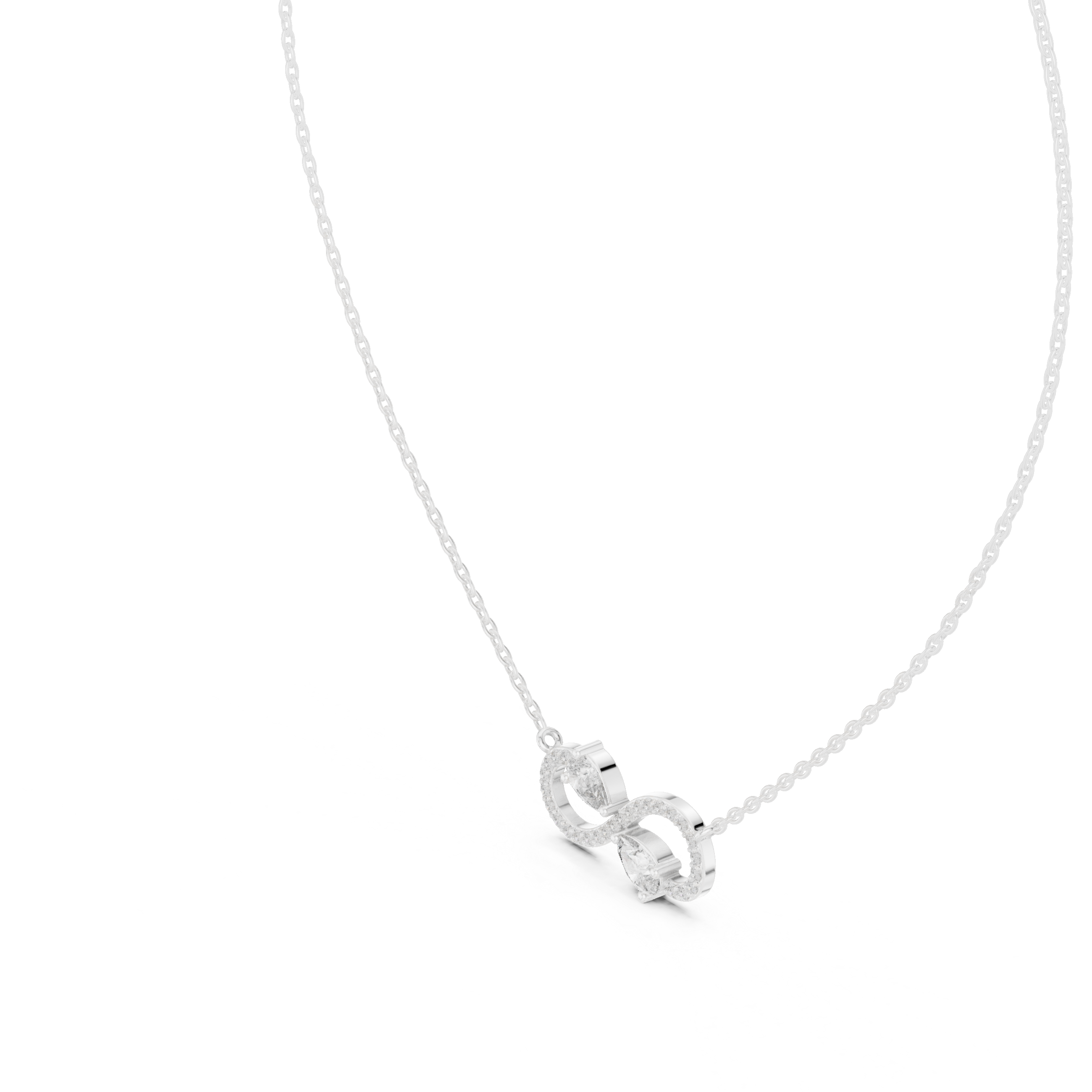 Infinity symbol pave diamond pendant necklace with dual pear cut stone accent