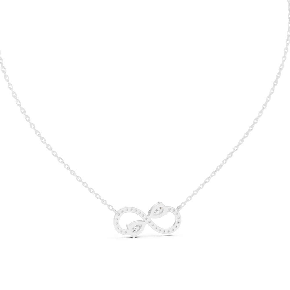 Infinity symbol pave diamond pendant necklace with dual pear cut stone accent
