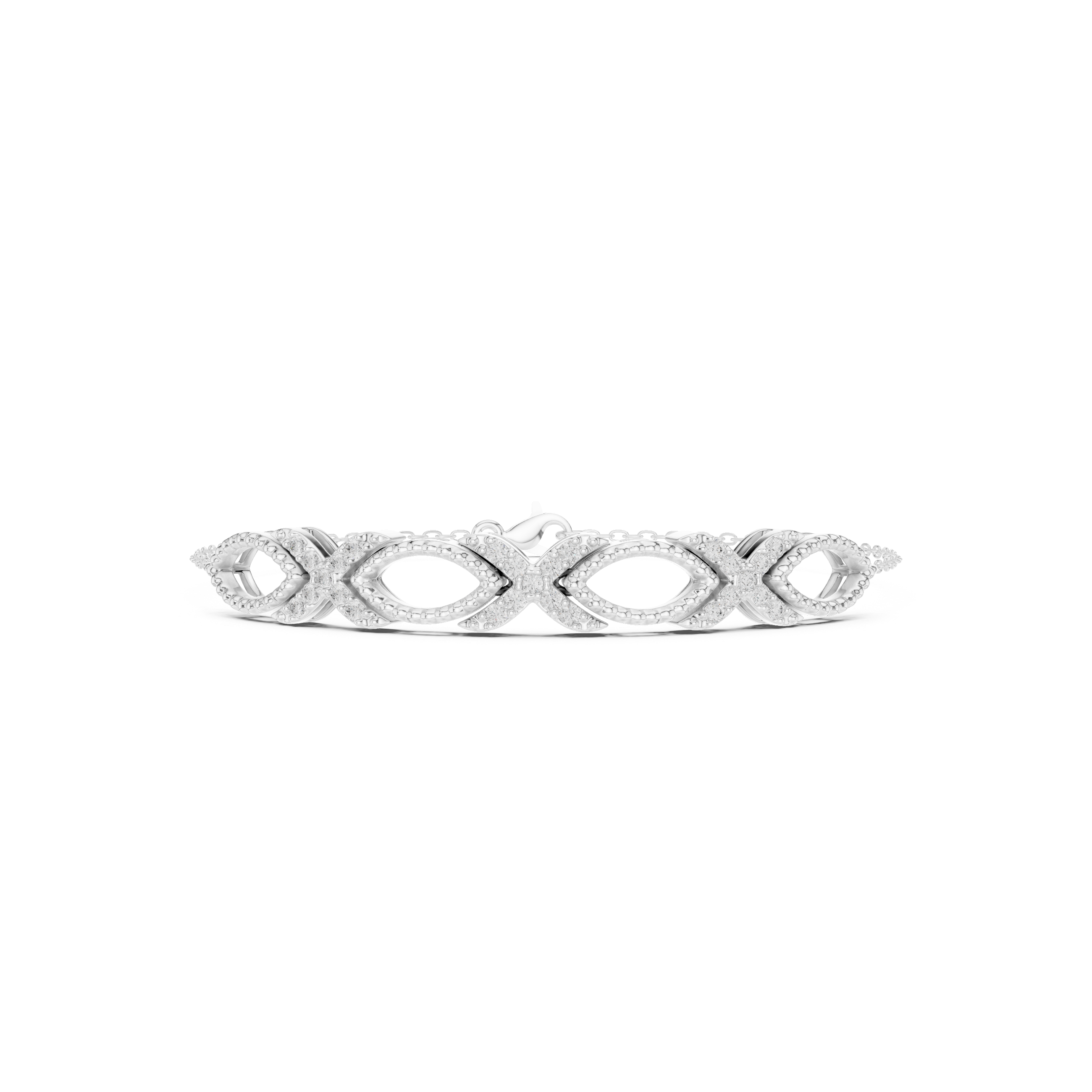 Silver bracelet with interlocking infinity XO pattern links and pavé crystal accents