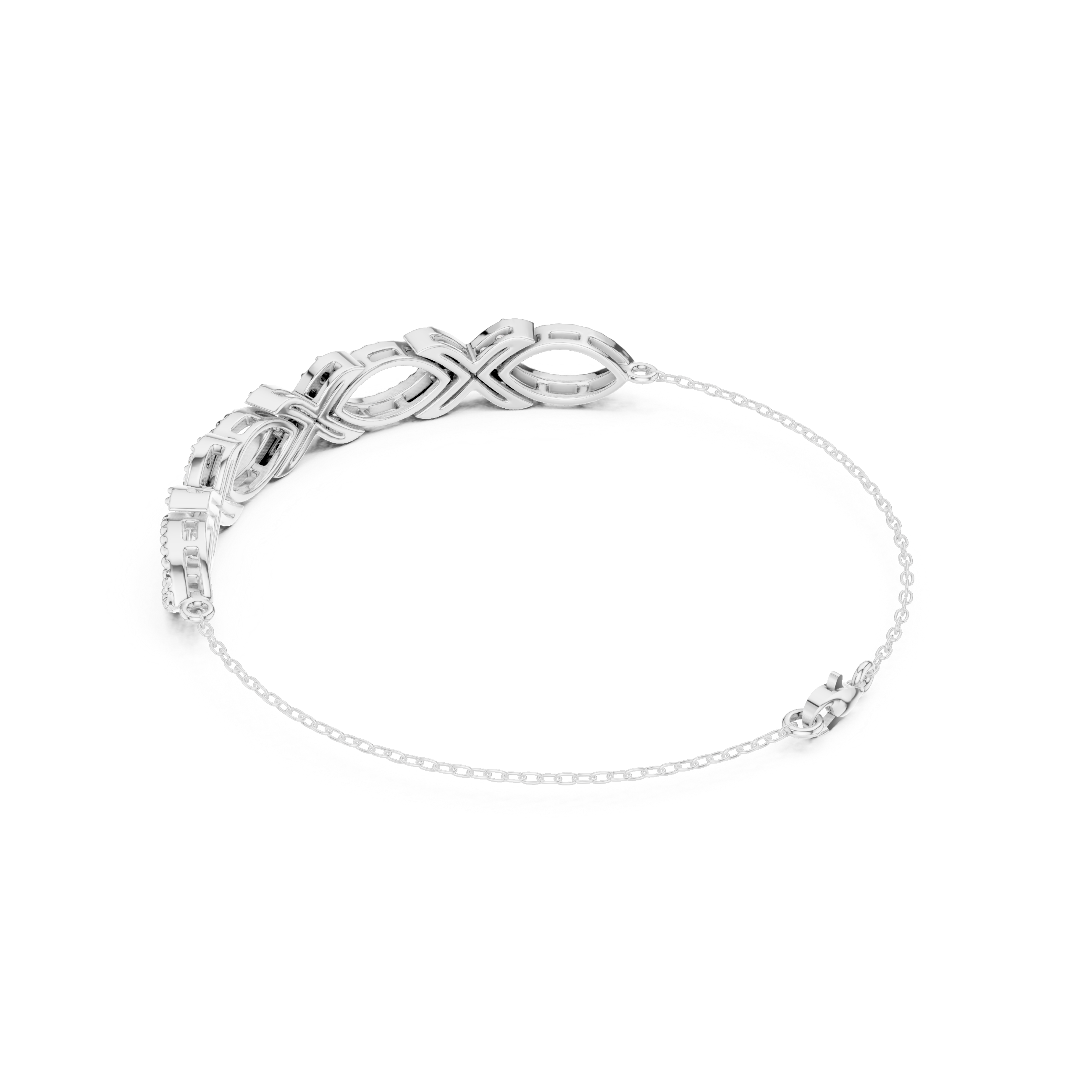 Silver bracelet with interlocking infinity XO pattern links and pavé crystal accents