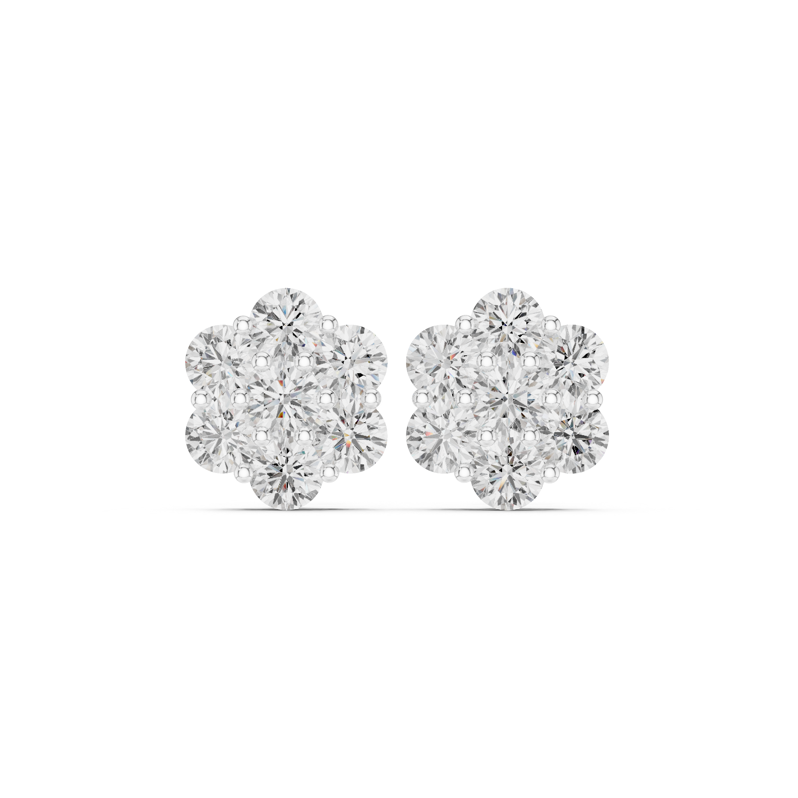 Seven large round brilliant stones in a close-set floral cluster stud earring