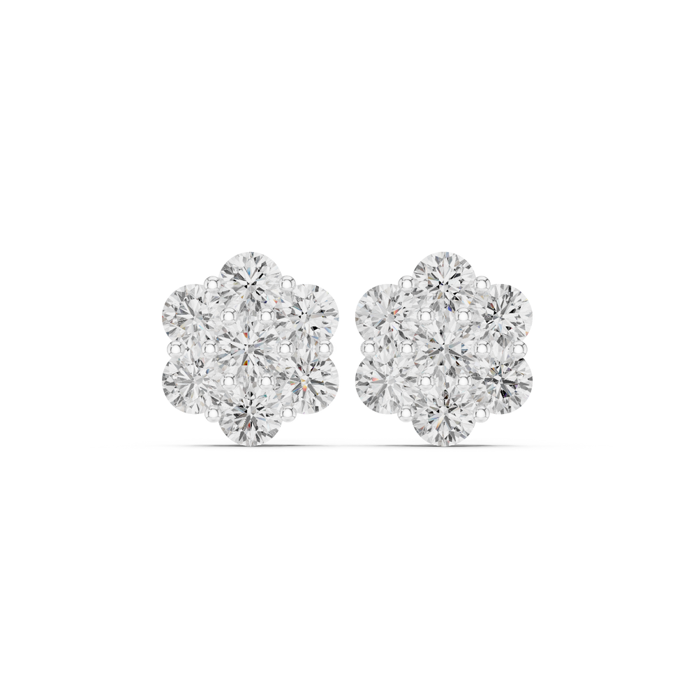 Seven large round brilliant stones in a close-set floral cluster stud earring