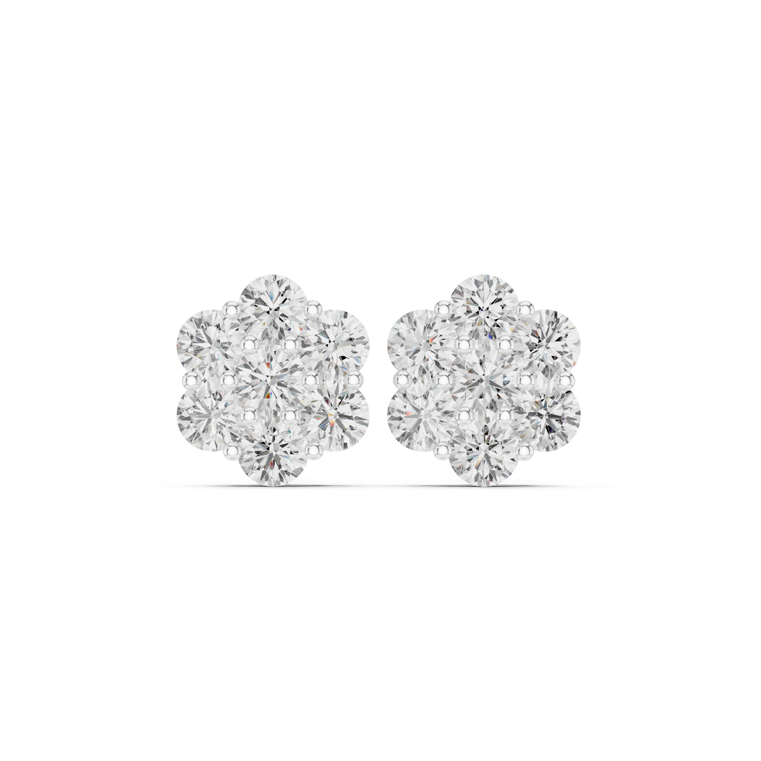 Seven large round brilliant stones in a close-set floral cluster stud earring