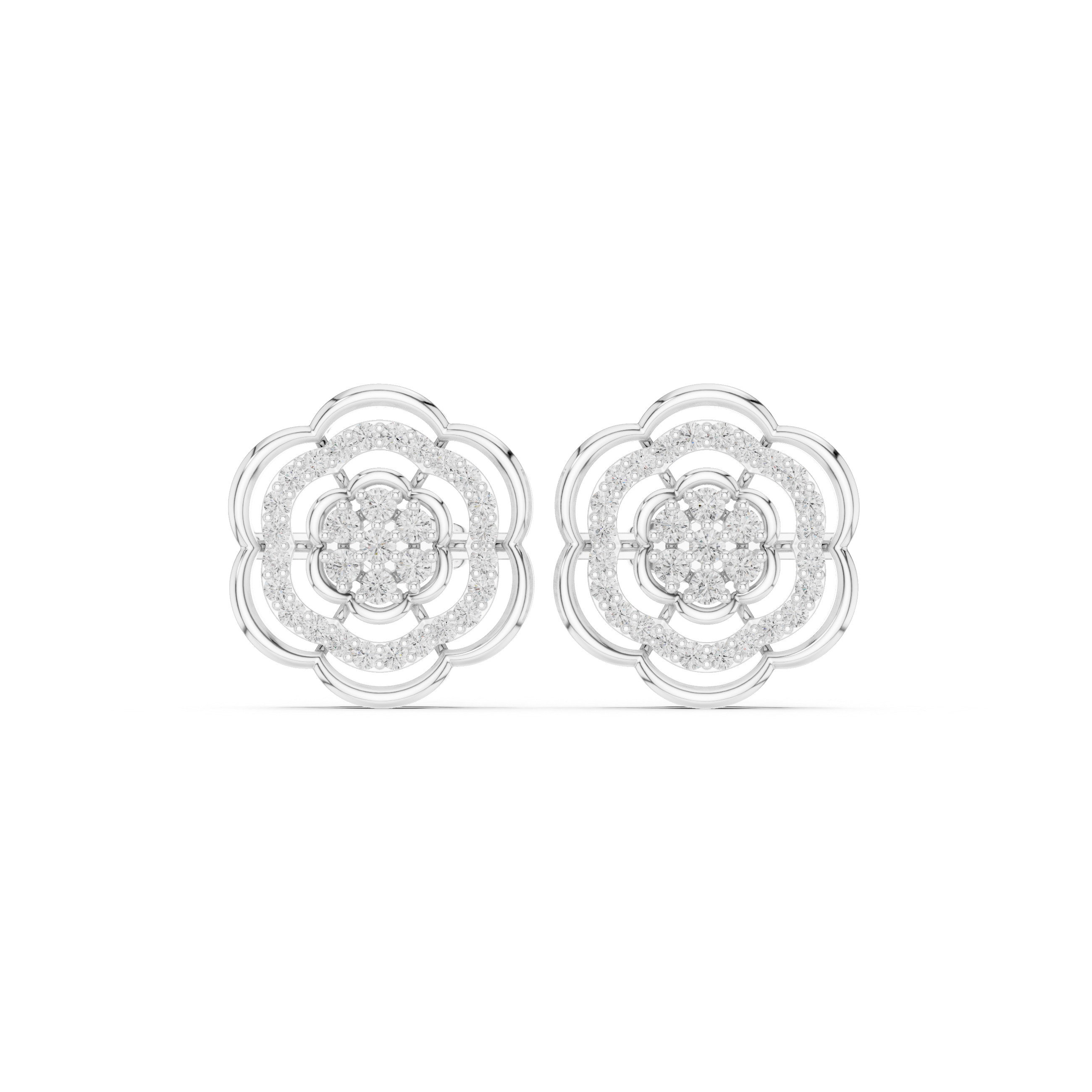 Round brilliant cluster centre with stone-set and open scalloped floral rings in layered rosette design