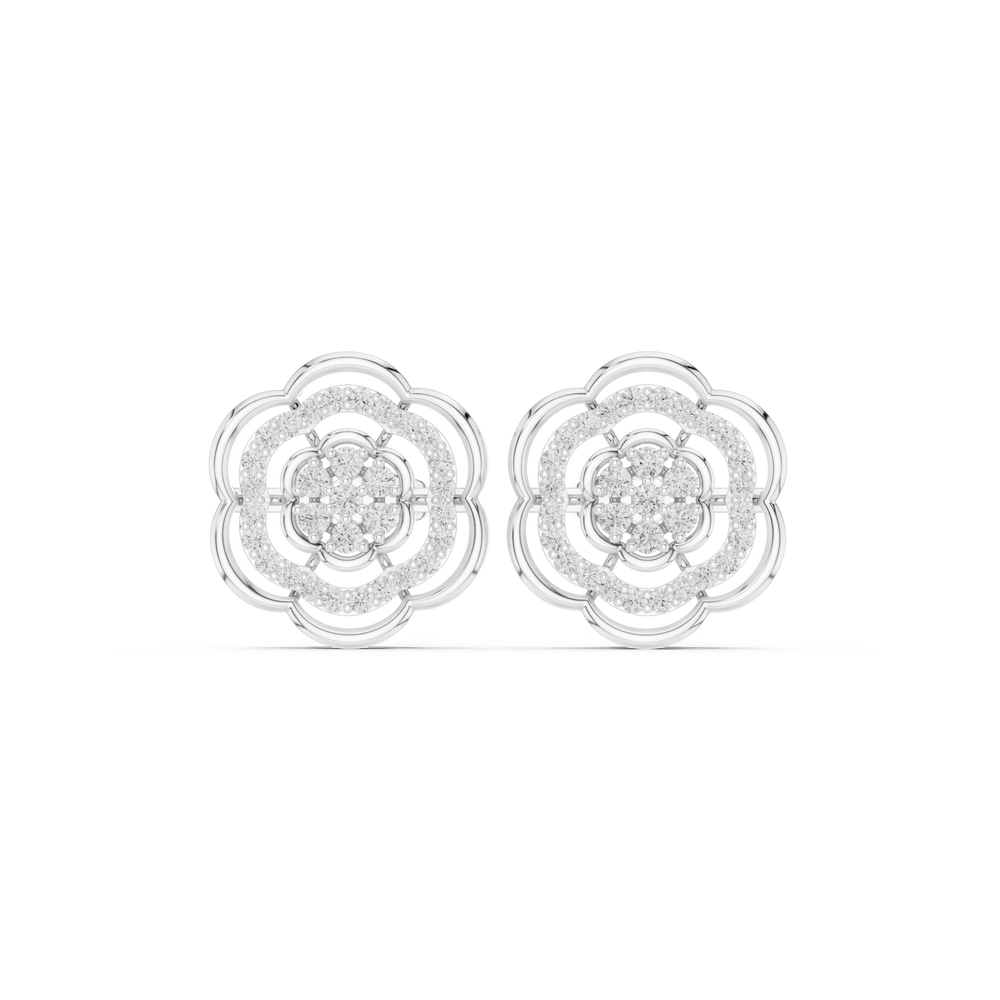 Round brilliant cluster centre with stone-set and open scalloped floral rings in layered rosette design