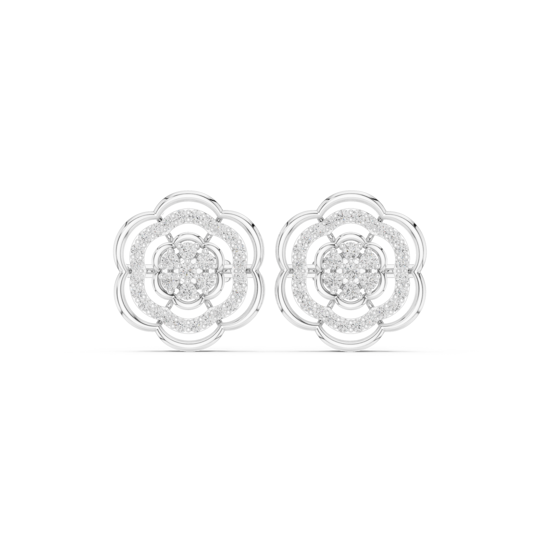 Round brilliant cluster centre with stone-set and open scalloped floral rings in layered rosette design