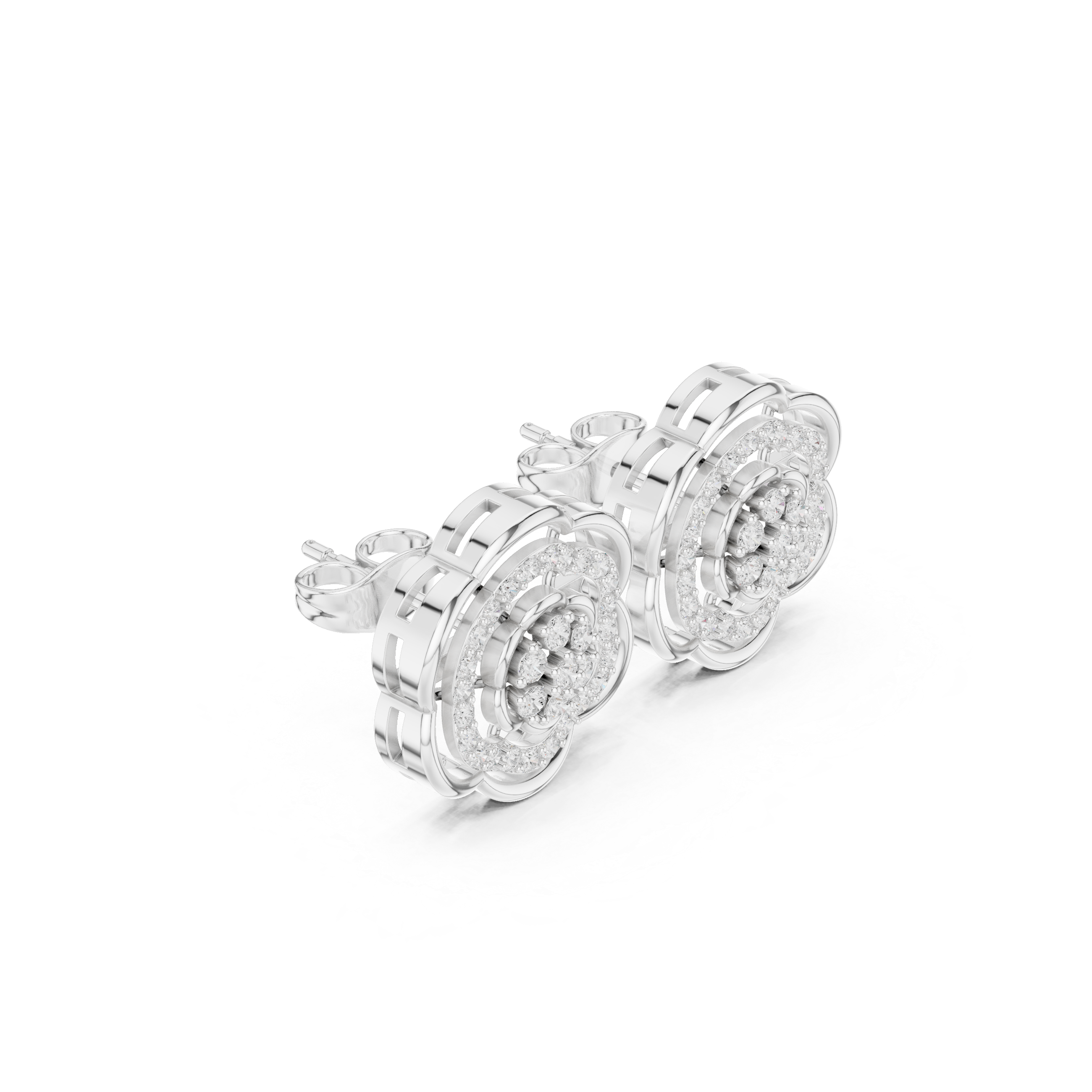 Round brilliant cluster centre with stone-set and open scalloped floral rings in layered rosette design