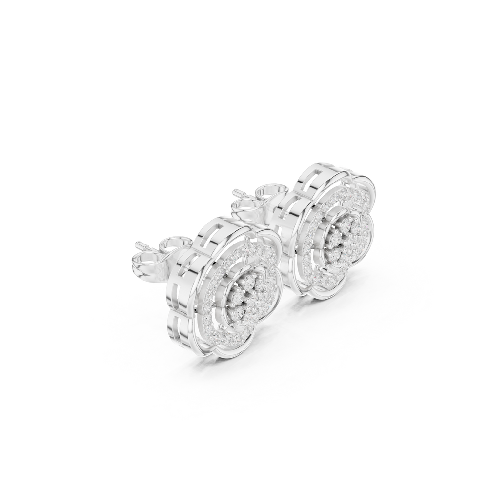 Round brilliant cluster centre with stone-set and open scalloped floral rings in layered rosette design
