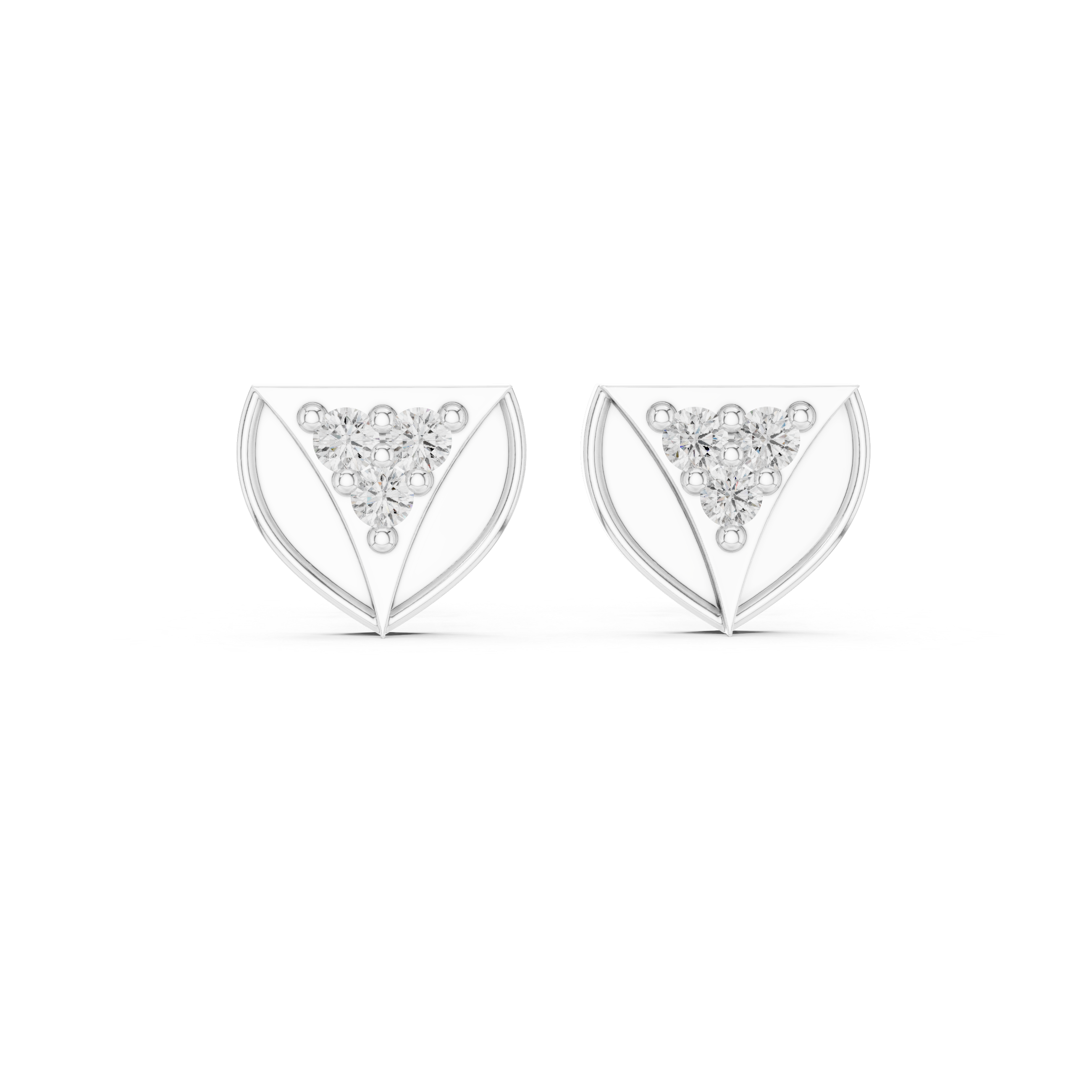 Leaf fan trio stud earrings with open double leaf frame and three round stone cluster