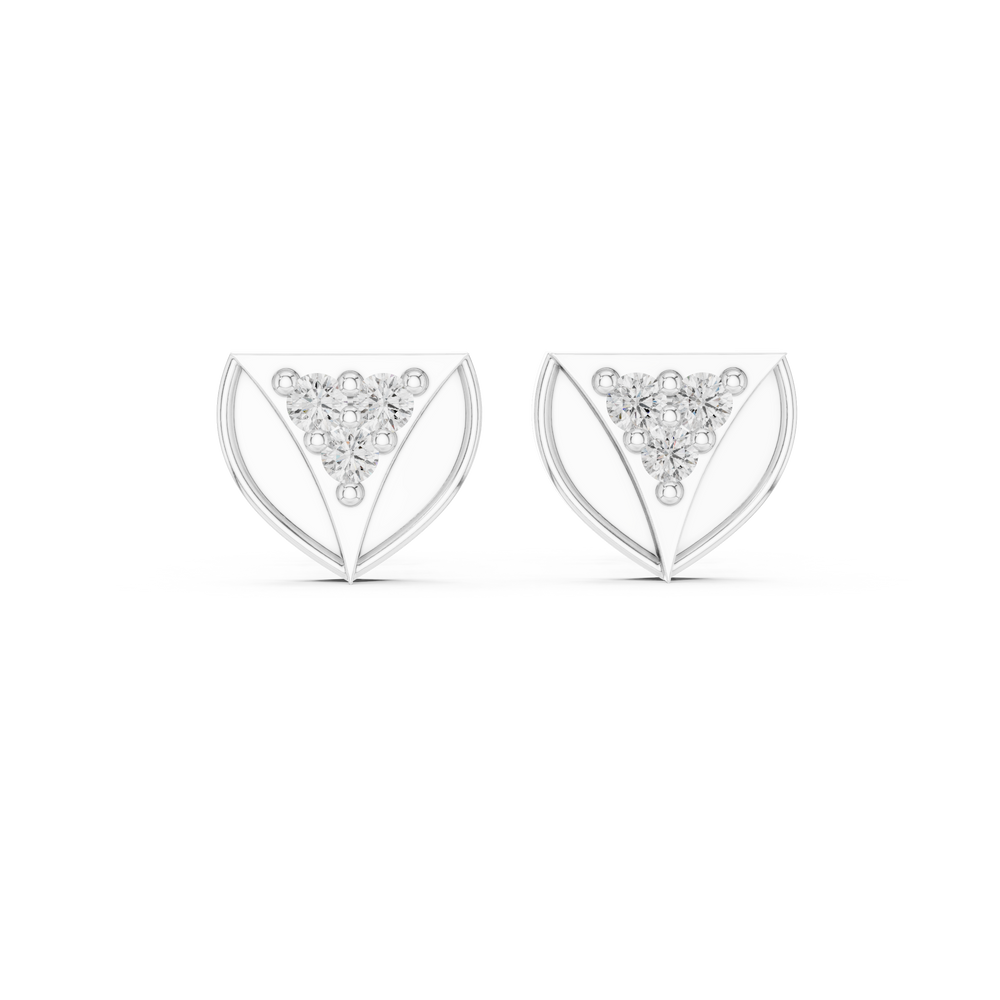 Leaf fan trio stud earrings with open double leaf frame and three round stone cluster