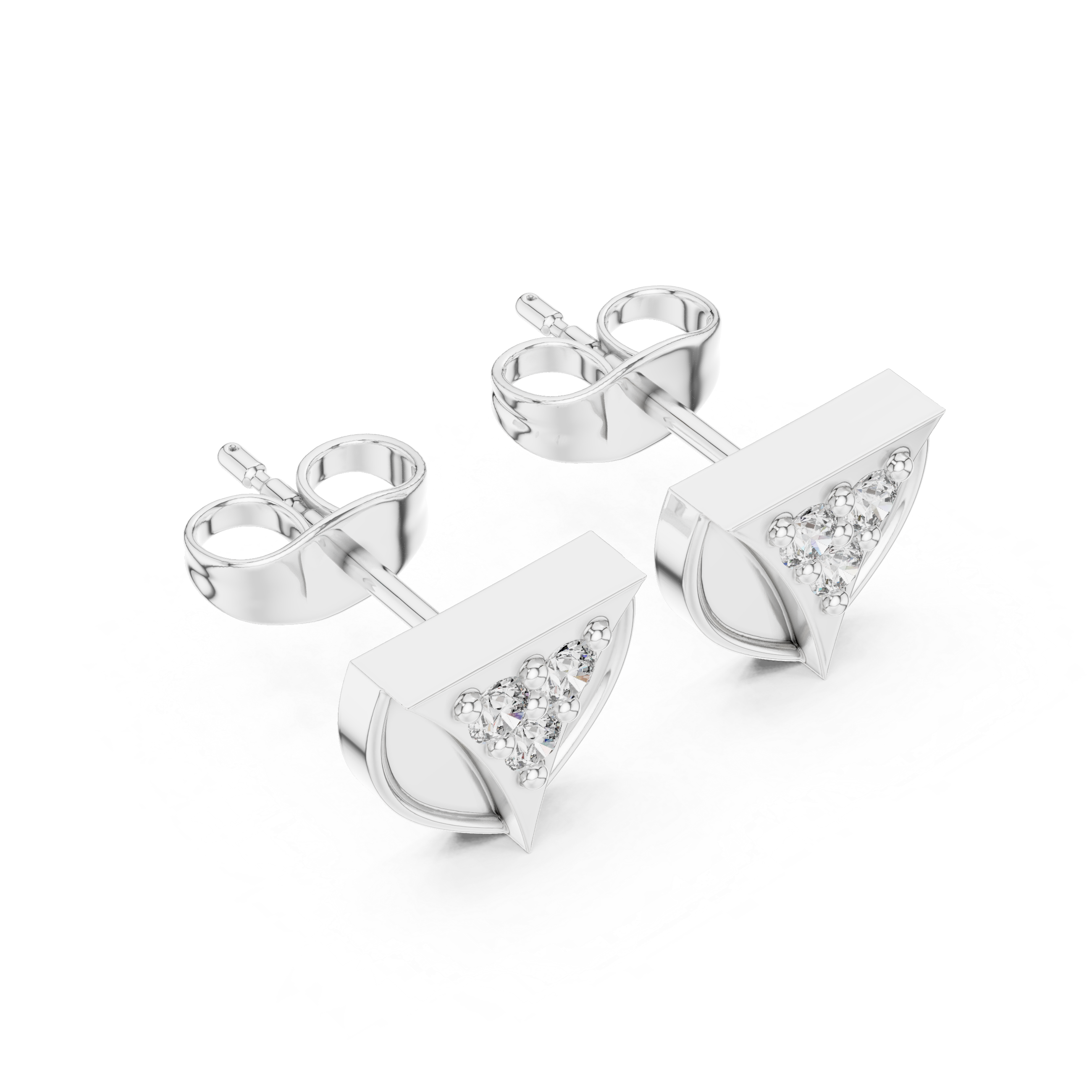 Leaf fan trio stud earrings with open double leaf frame and three round stone cluster
