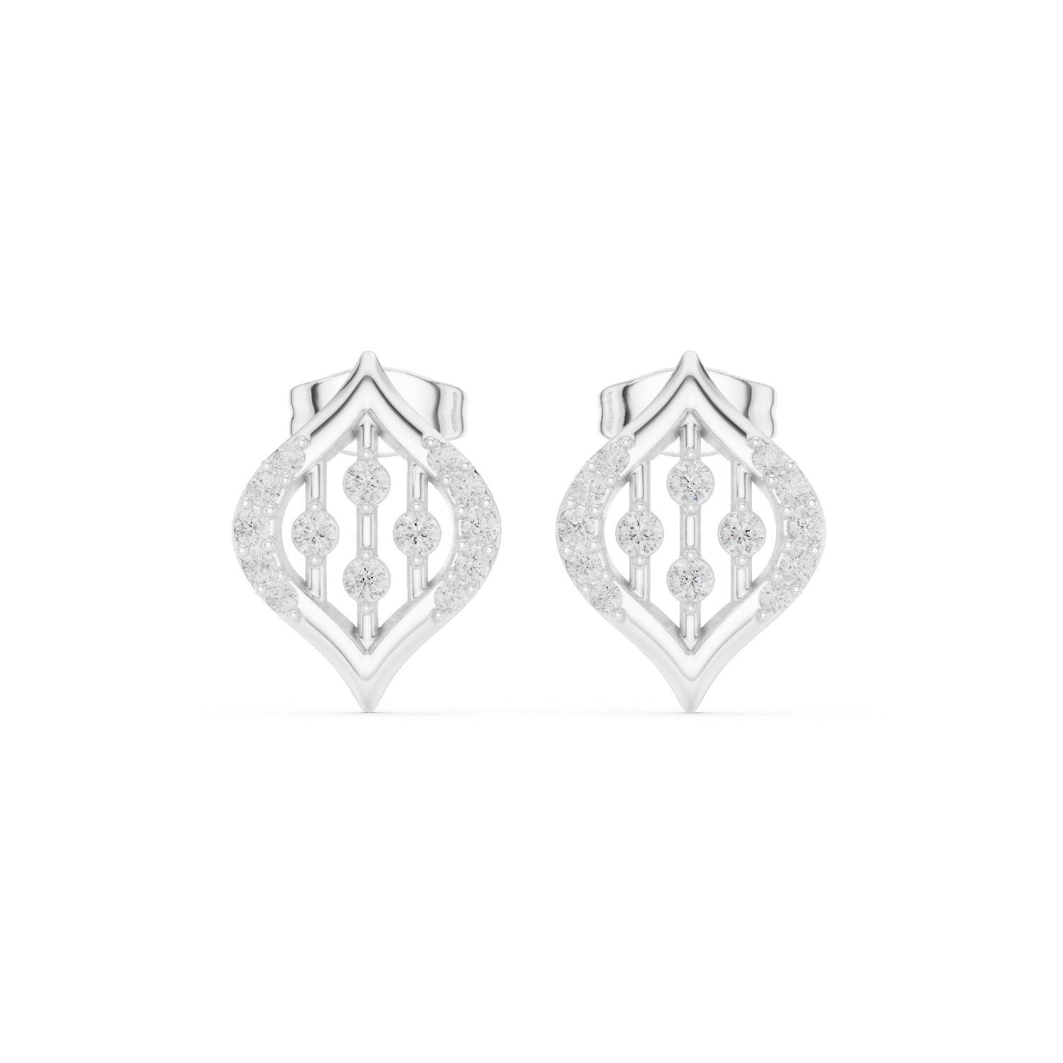 Leaf filigree pave diamond stud earrings with open lattice design and push back setting