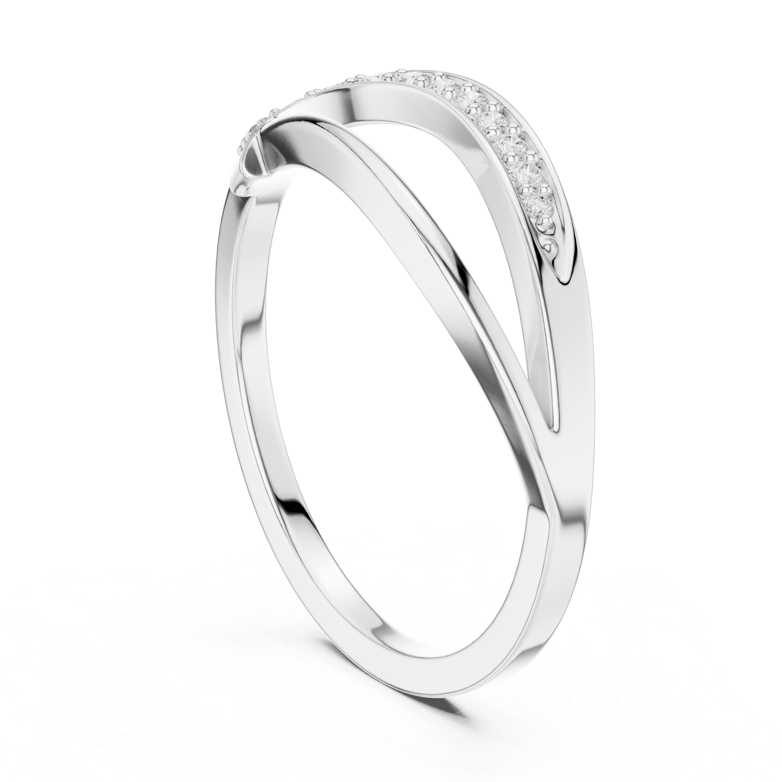 Leaf shaped bypass pave diamond ring with open pointed design