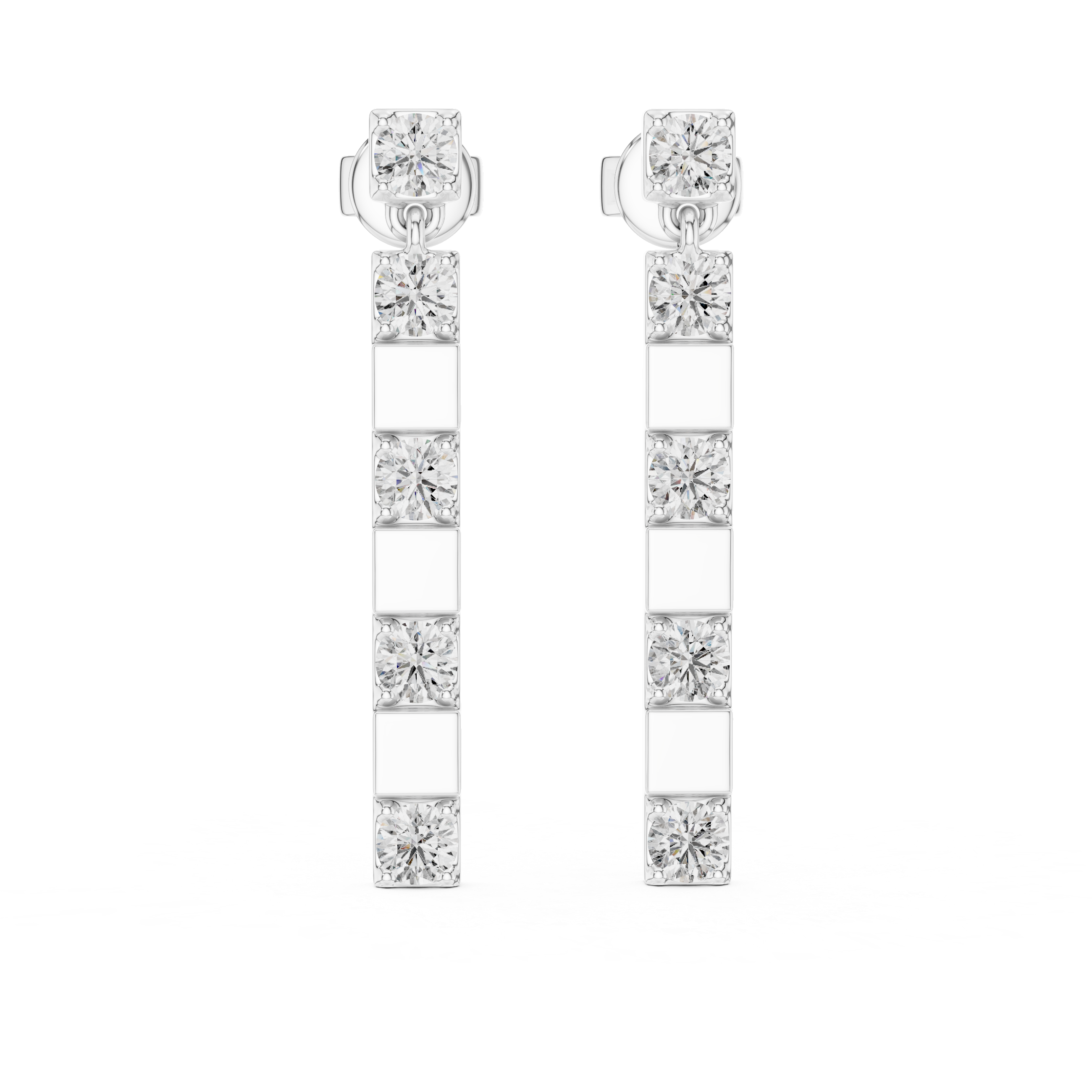 Linear bar drop earrings with round solitaire stud top and long vertical bar of four prong set round stones