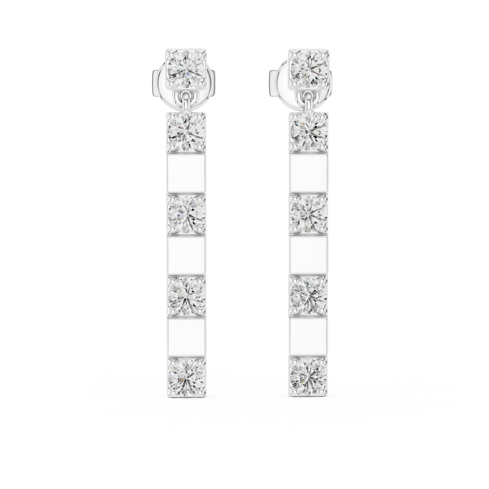 Linear bar drop earrings with round solitaire stud top and long vertical bar of four prong set round stones