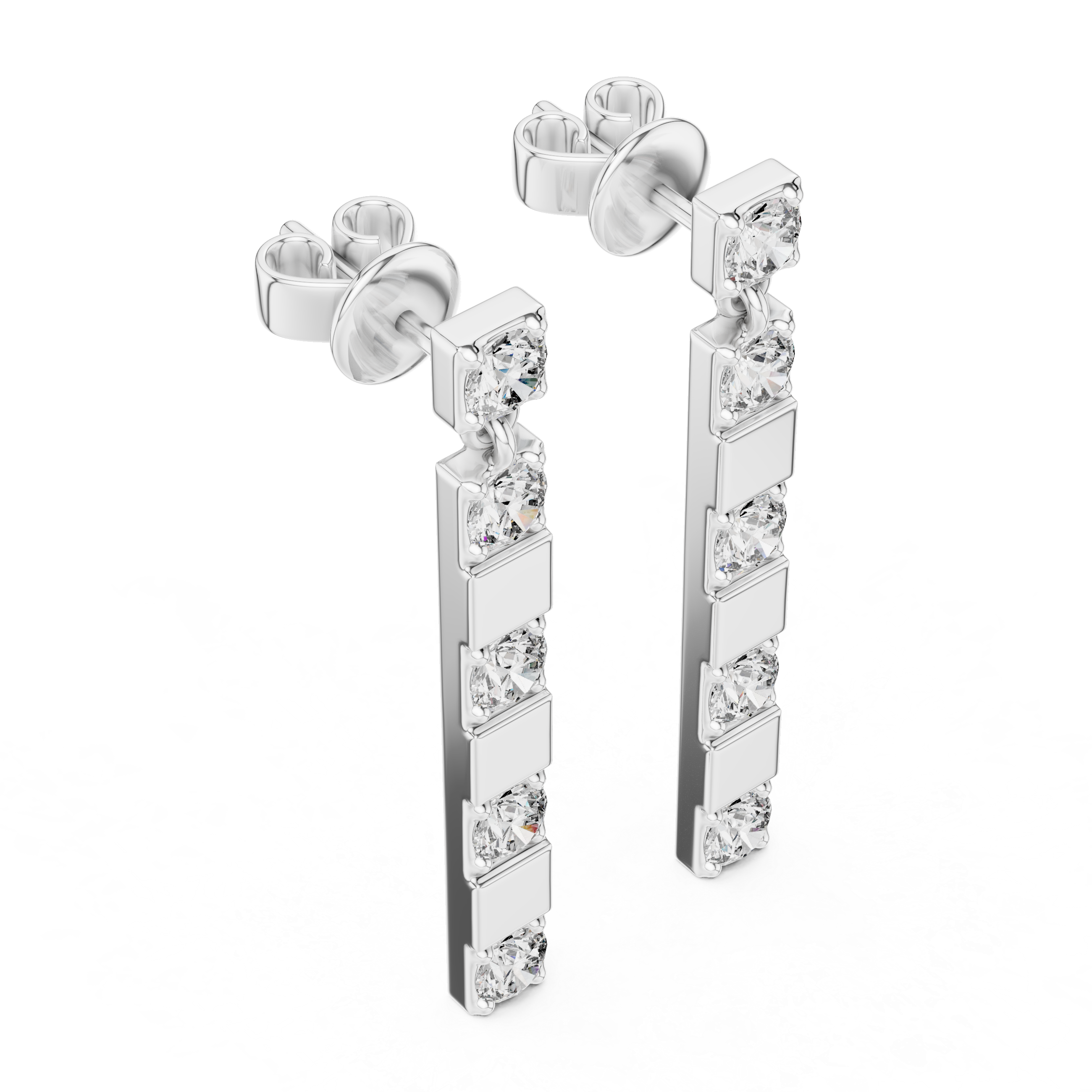 Linear bar drop earrings with round solitaire stud top and long vertical bar of four prong set round stones