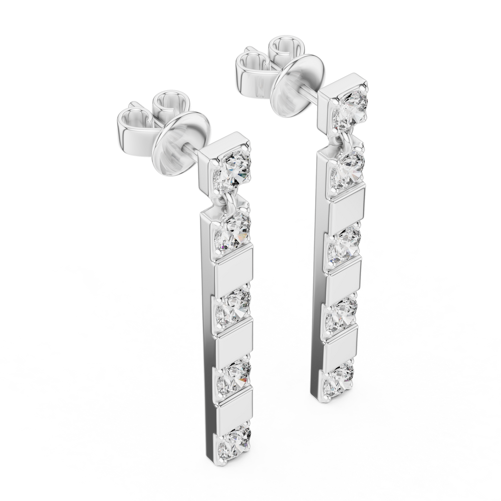 Linear bar drop earrings with round solitaire stud top and long vertical bar of four prong set round stones