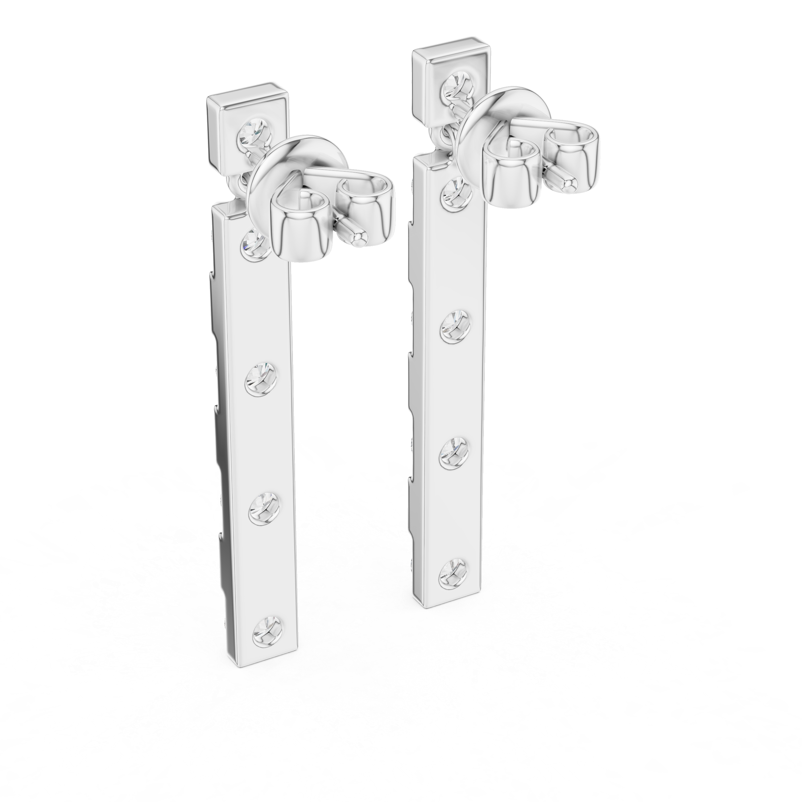 Linear bar drop earrings with round solitaire stud top and long vertical bar of four prong set round stones