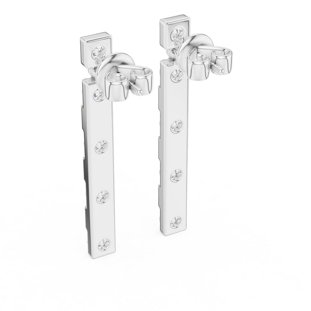 Linear bar drop earrings with round solitaire stud top and long vertical bar of four prong set round stones