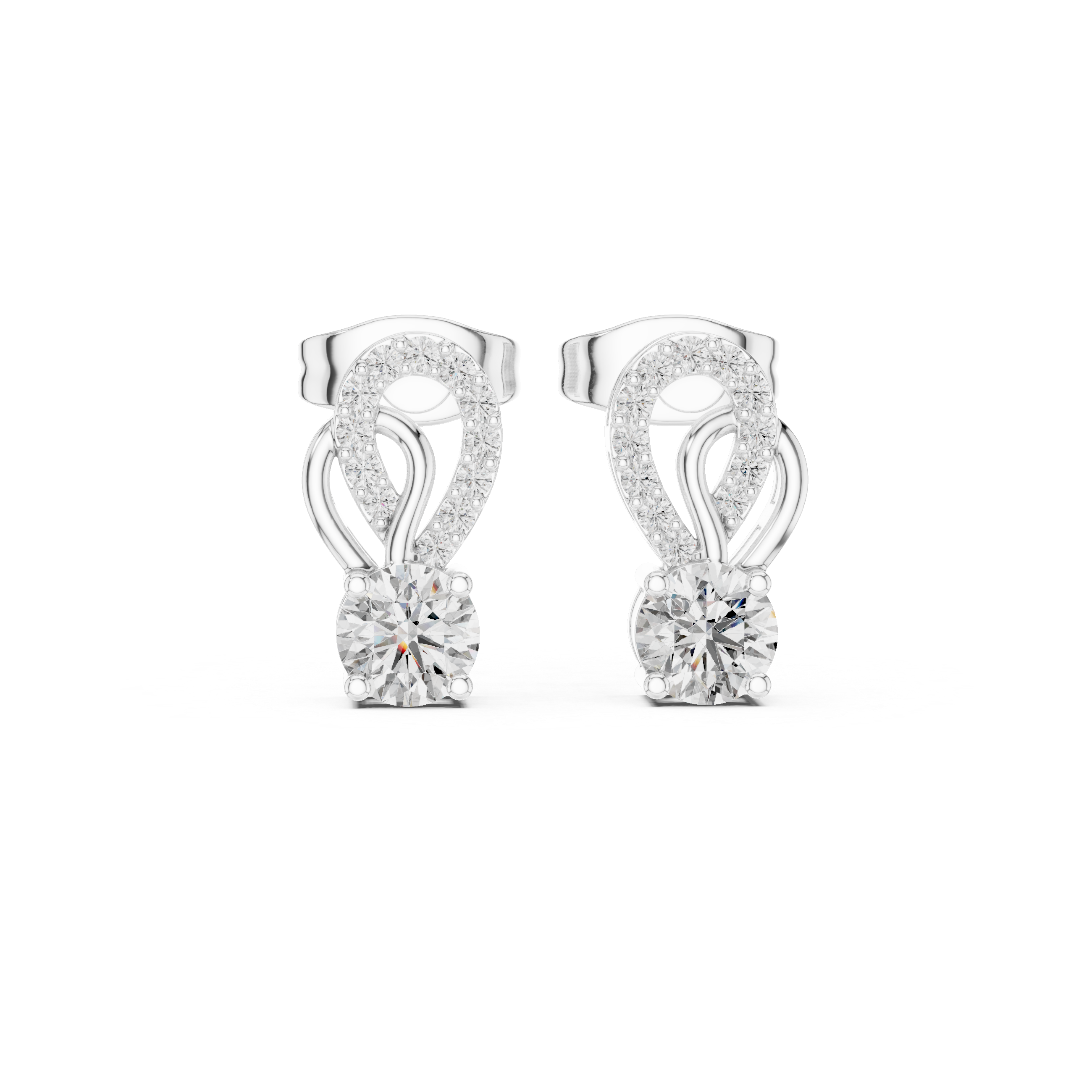 loop solitaire stud earrings with pave set round stones on curved loop frame and large round centre stone