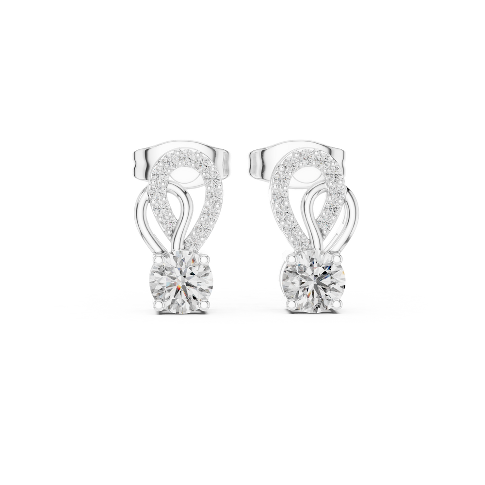loop solitaire stud earrings with pave set round stones on curved loop frame and large round centre stone