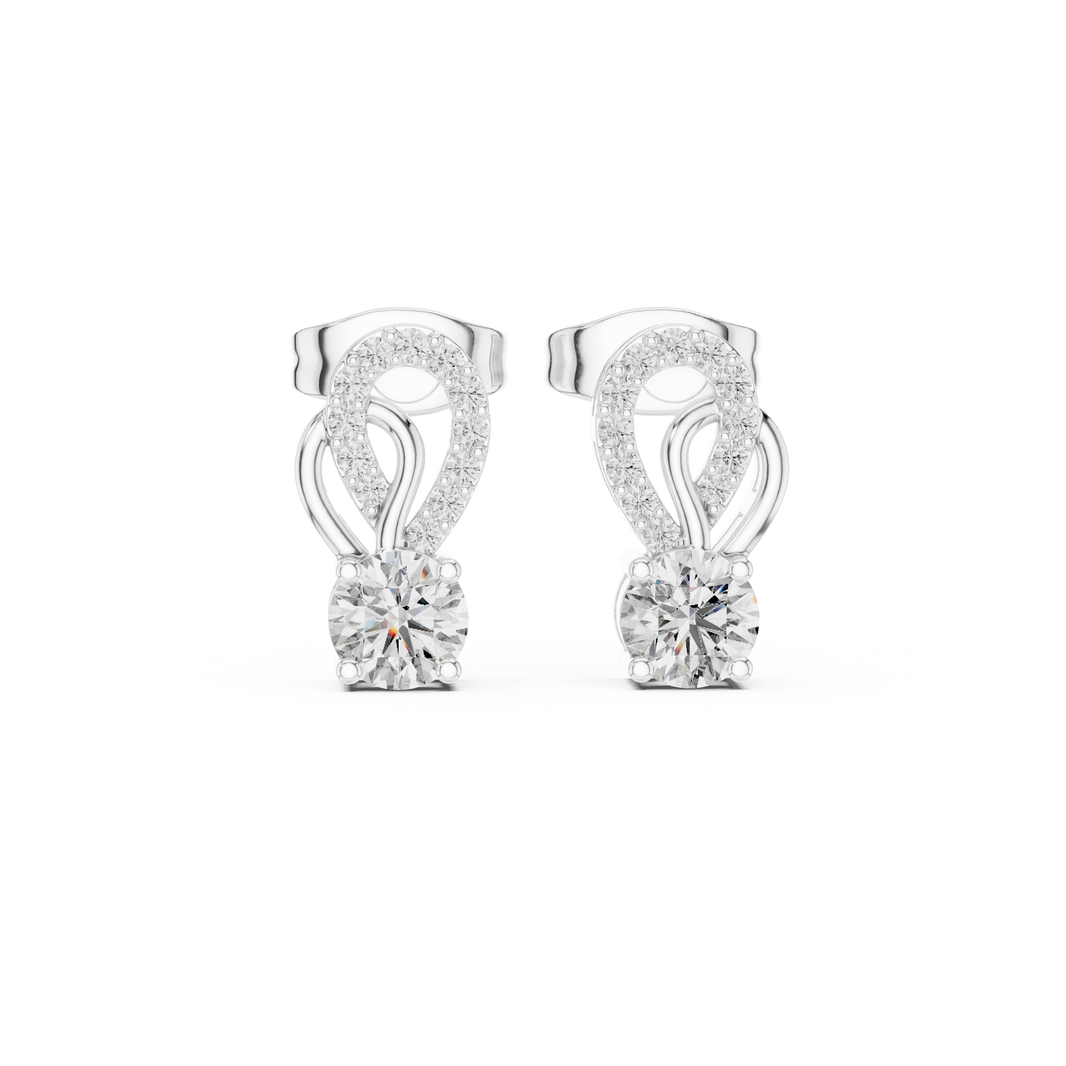 loop solitaire stud earrings with pave set round stones on curved loop frame and large round centre stone