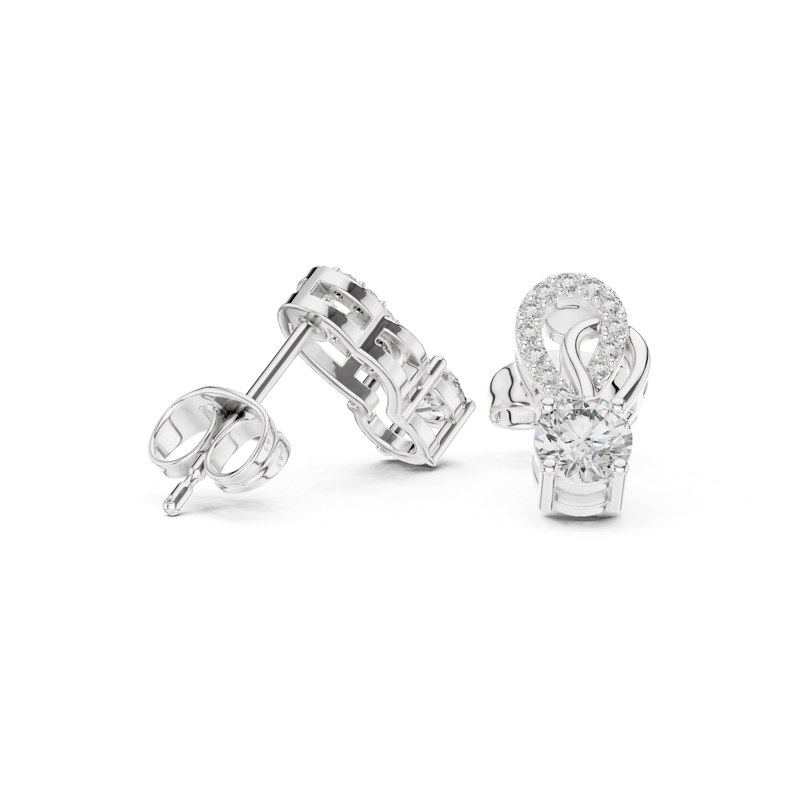 loop solitaire stud earrings with pave set round stones on curved loop frame and large round centre stone