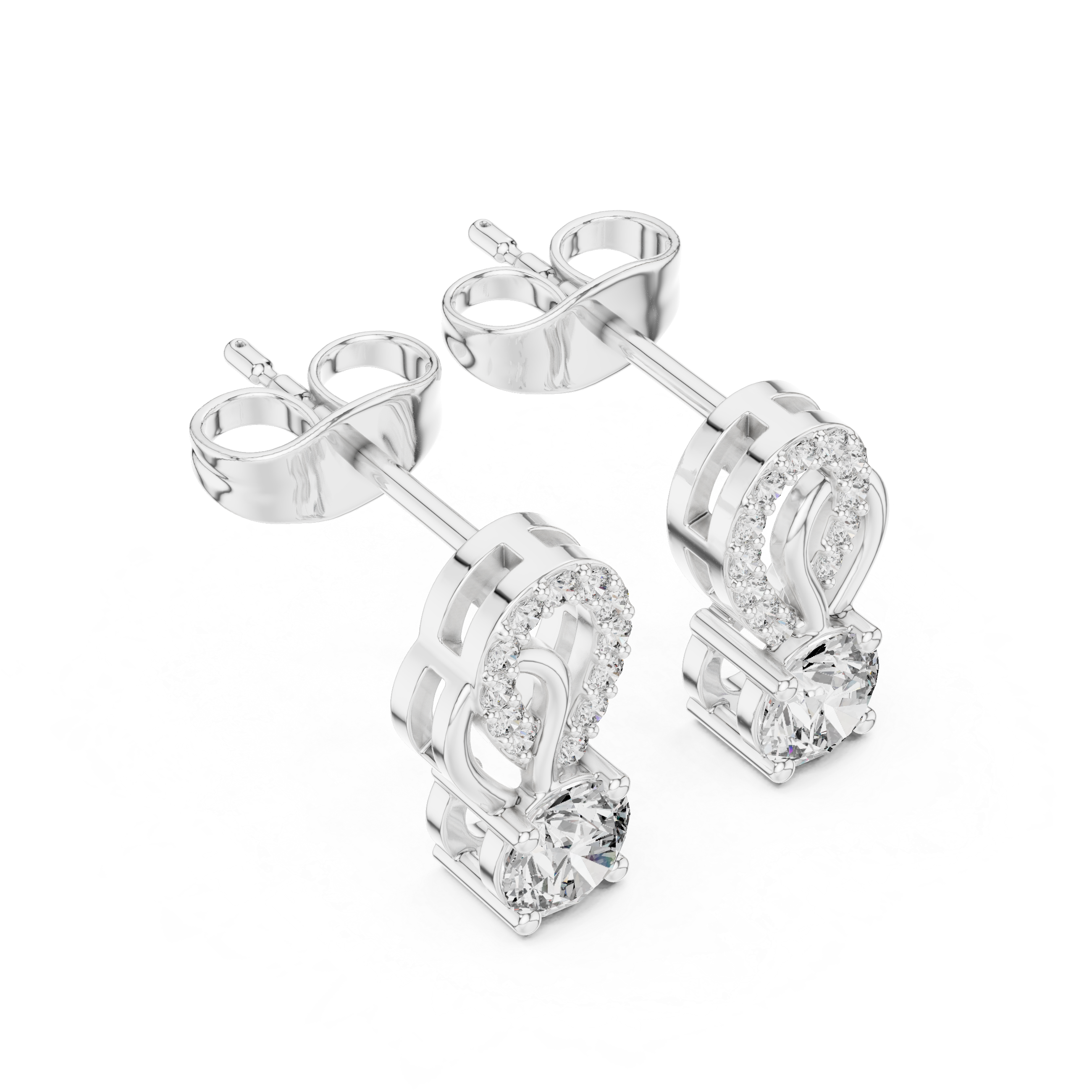 loop solitaire stud earrings with pave set round stones on curved loop frame and large round centre stone