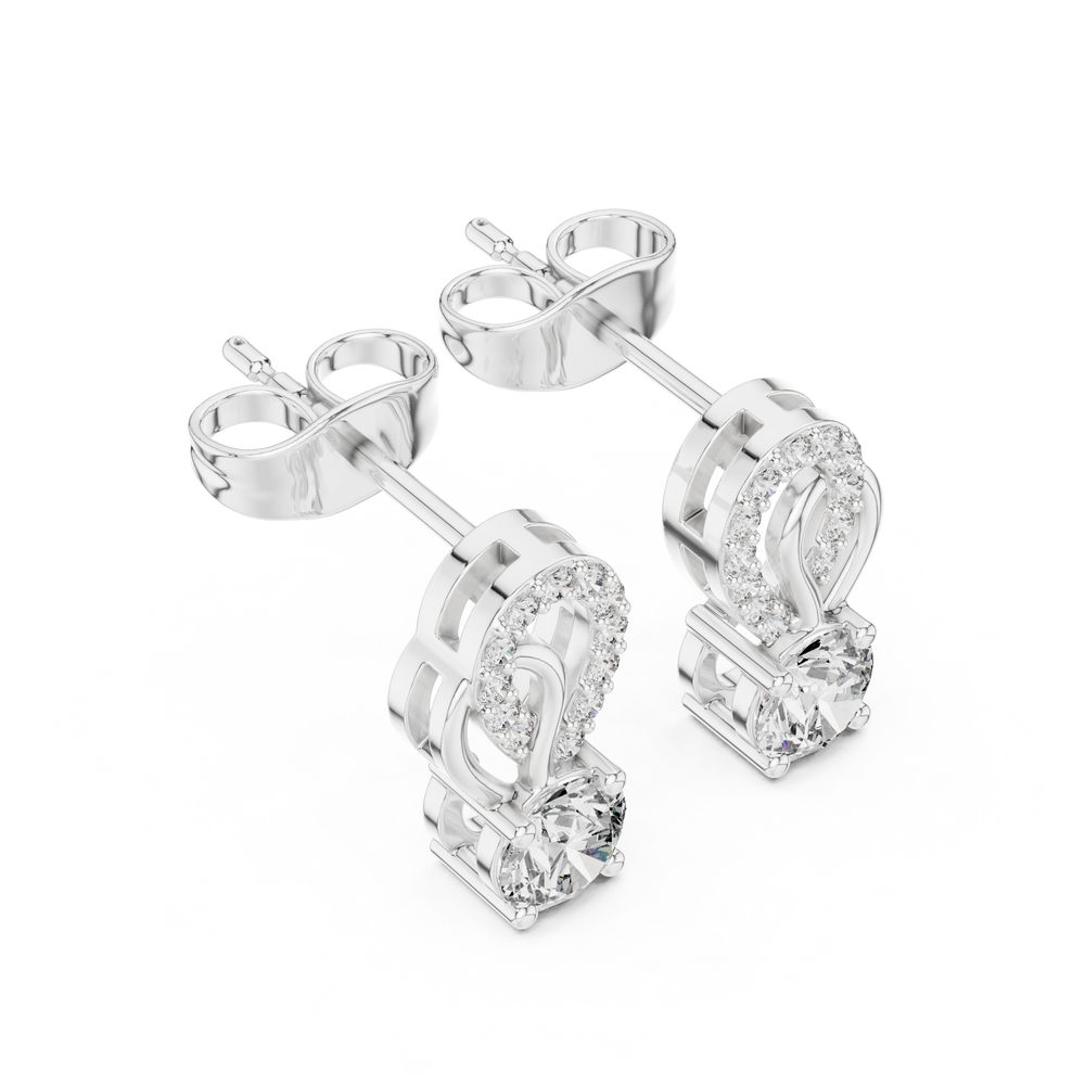 loop solitaire stud earrings with pave set round stones on curved loop frame and large round centre stone