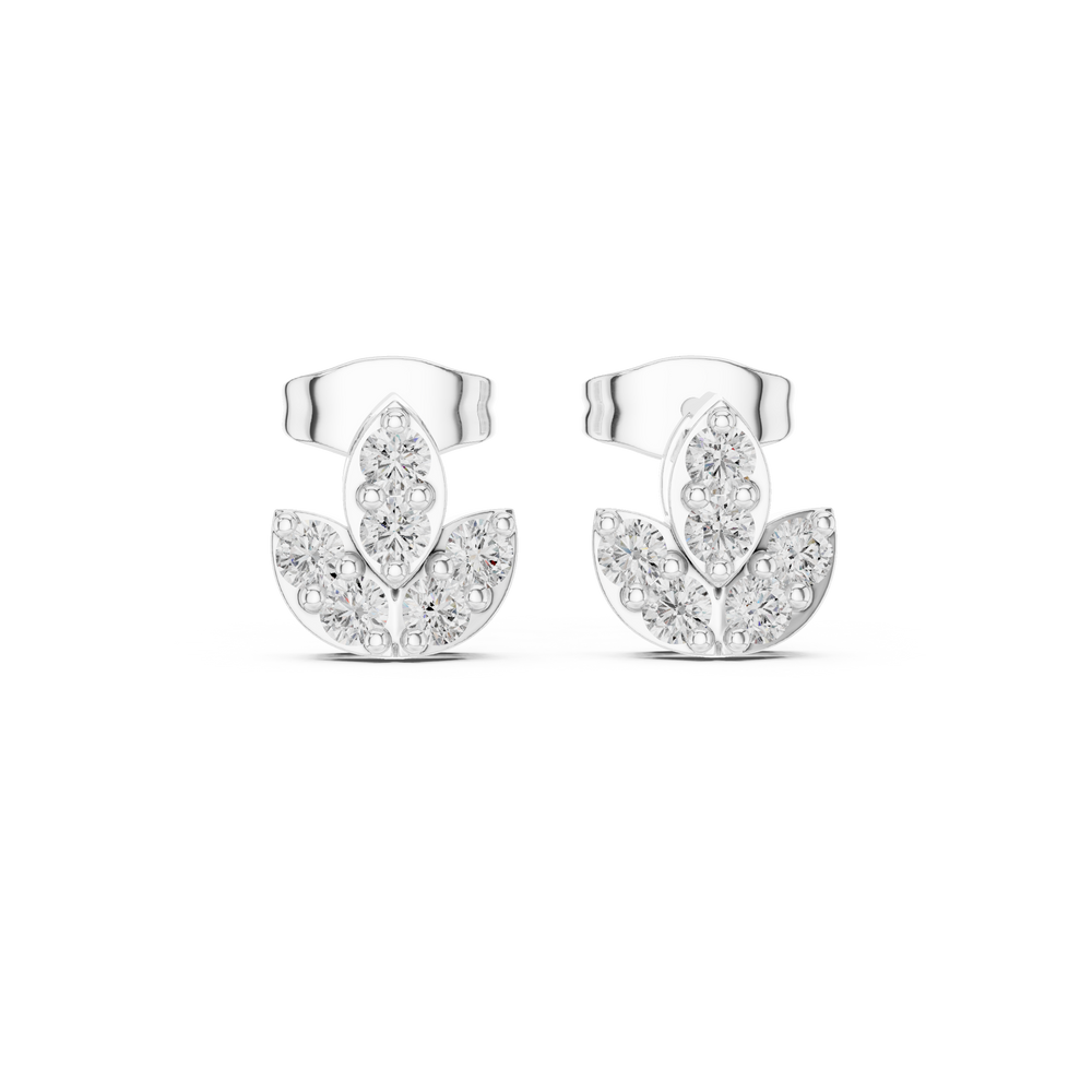 Lotus bud leaf cluster stud earrings with round stones in petal and leaf arrangement