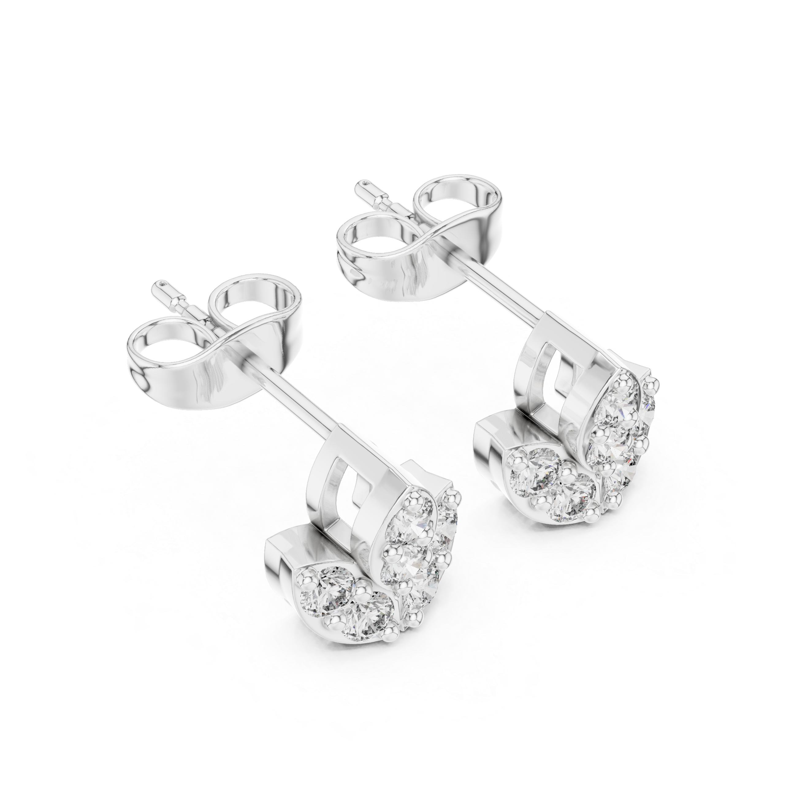 Lotus bud leaf cluster stud earrings with round stones in petal and leaf arrangement
