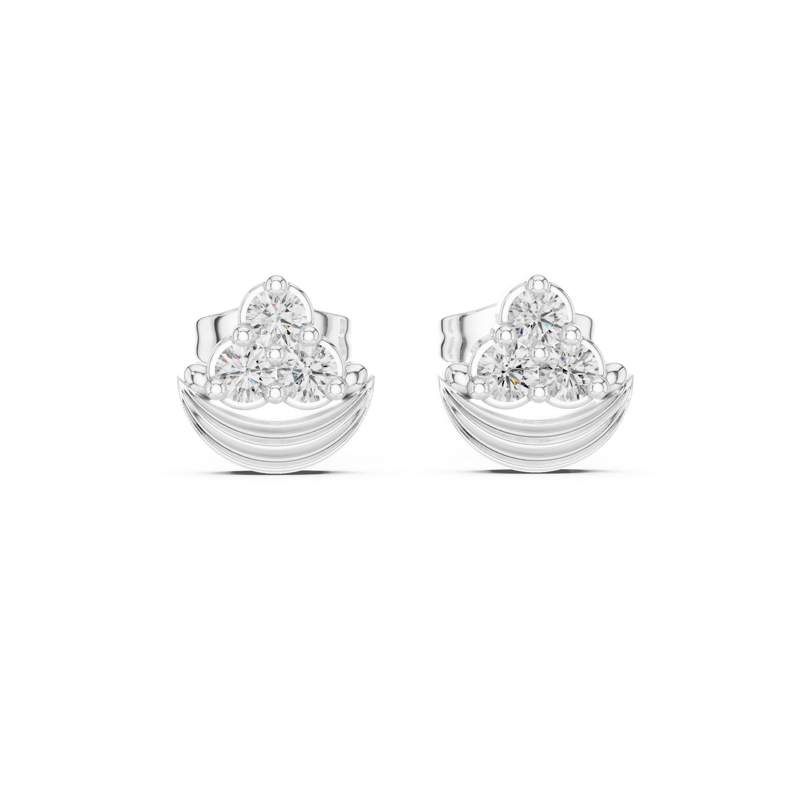Lotus bud trio stone stud earrings with three round prong set stones on a ribbed crescent lotus base
