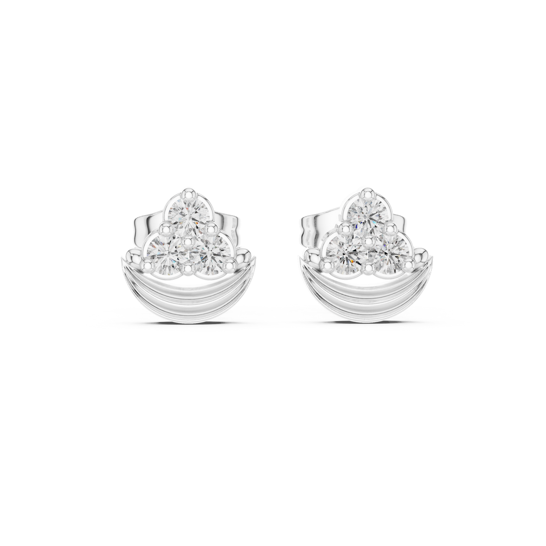 Lotus bud trio stone stud earrings with three round prong set stones on a ribbed crescent lotus base