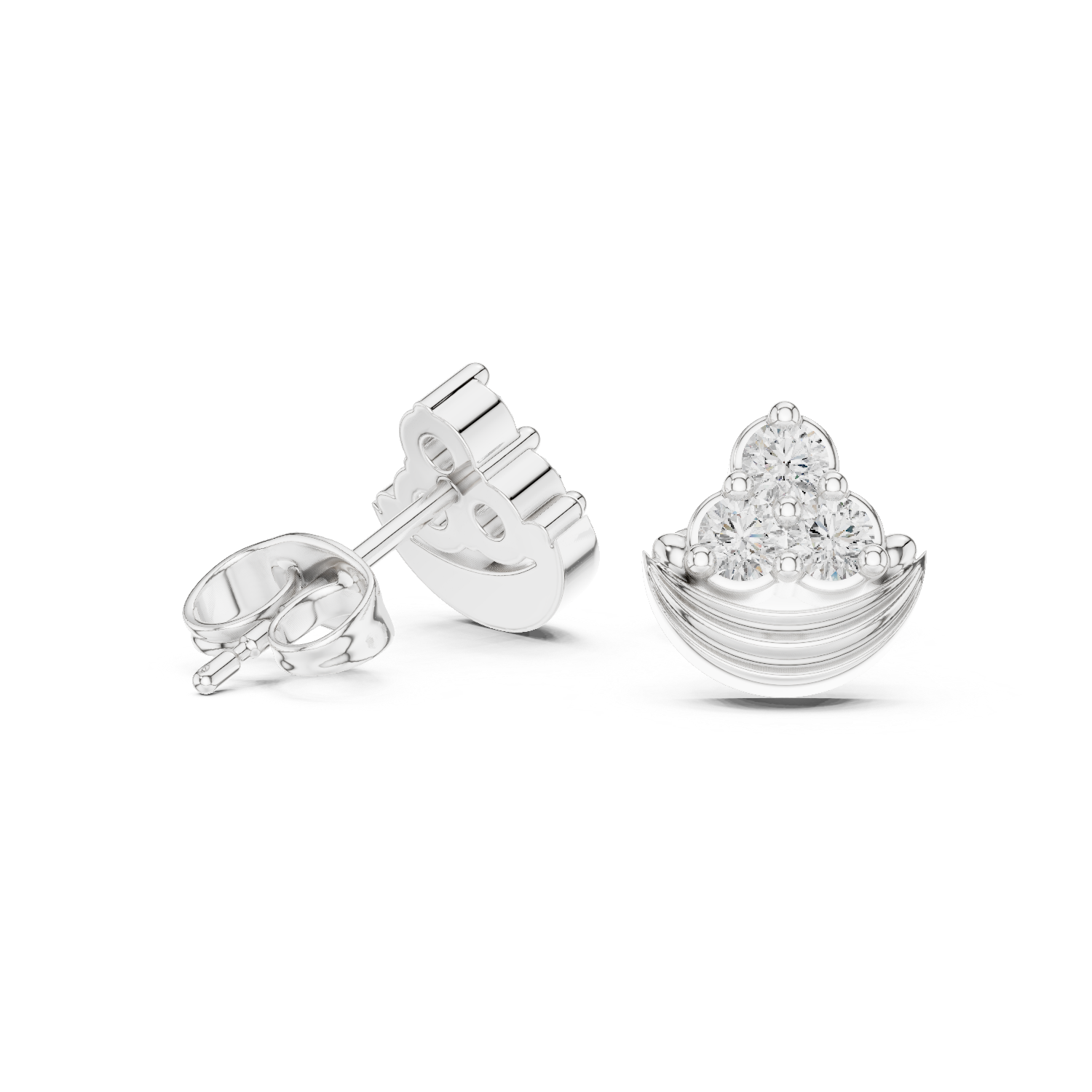 Lotus bud trio stone stud earrings with three round prong set stones on a ribbed crescent lotus base
