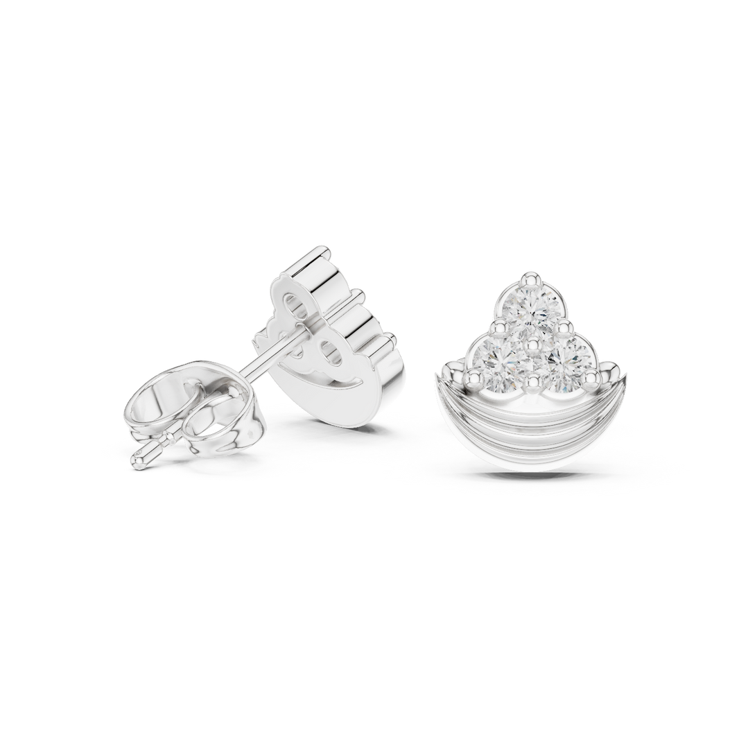 Lotus bud trio stone stud earrings with three round prong set stones on a ribbed crescent lotus base