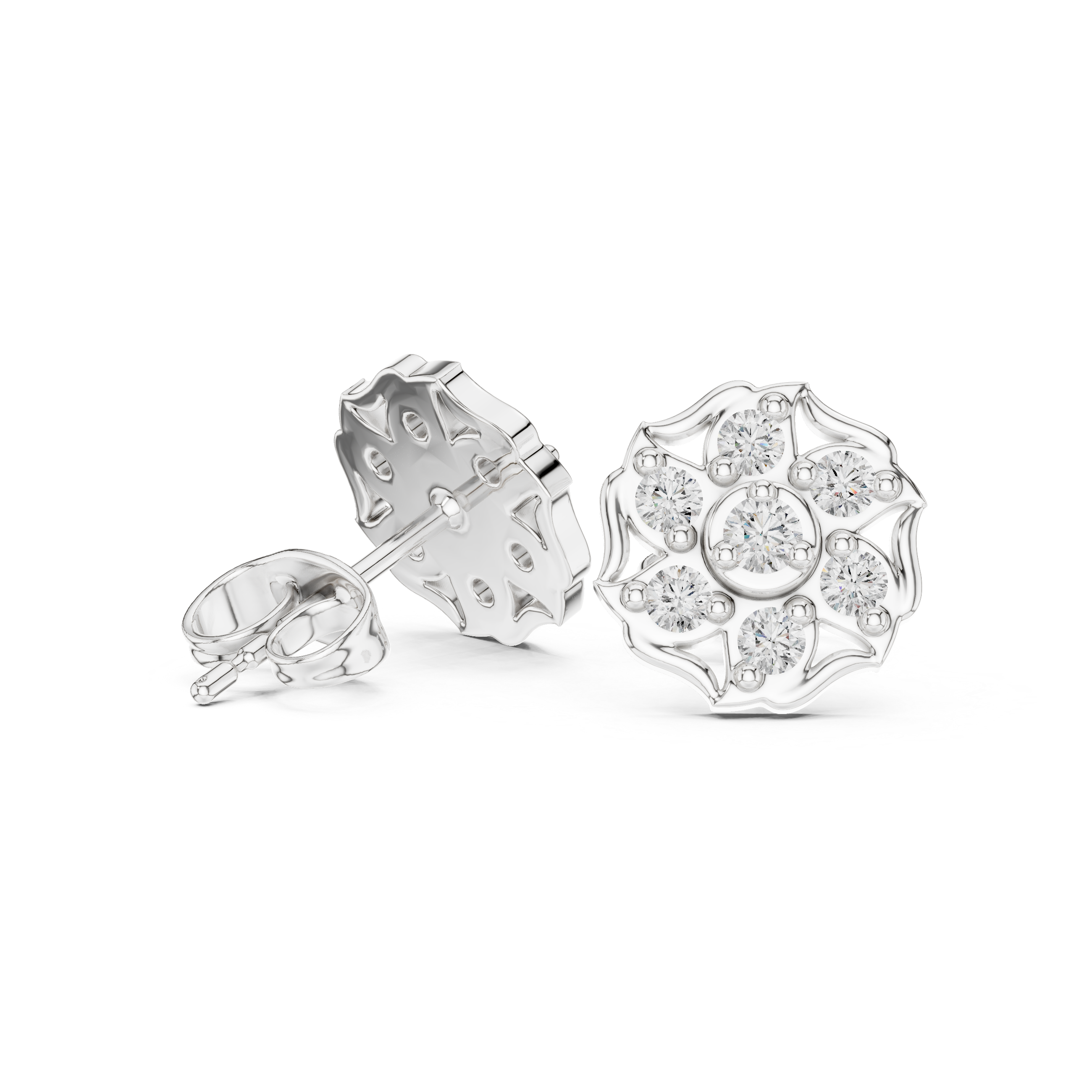 Lotus shaped cluster stud earrings with scalloped edge detailing