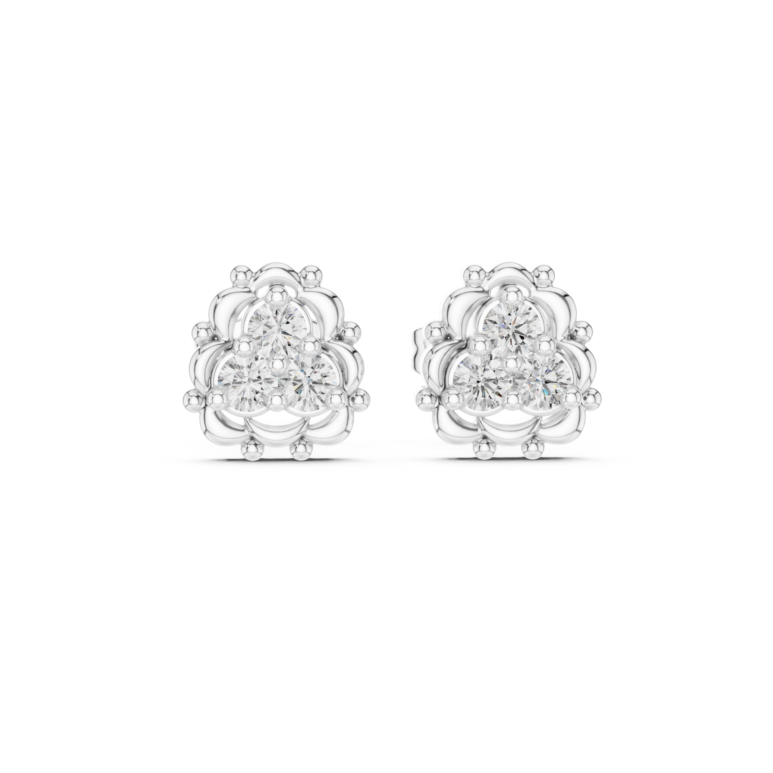 Lotus frame trio cluster stud earrings with three round prong set stones inside an ornate beaded lotus petal border frame