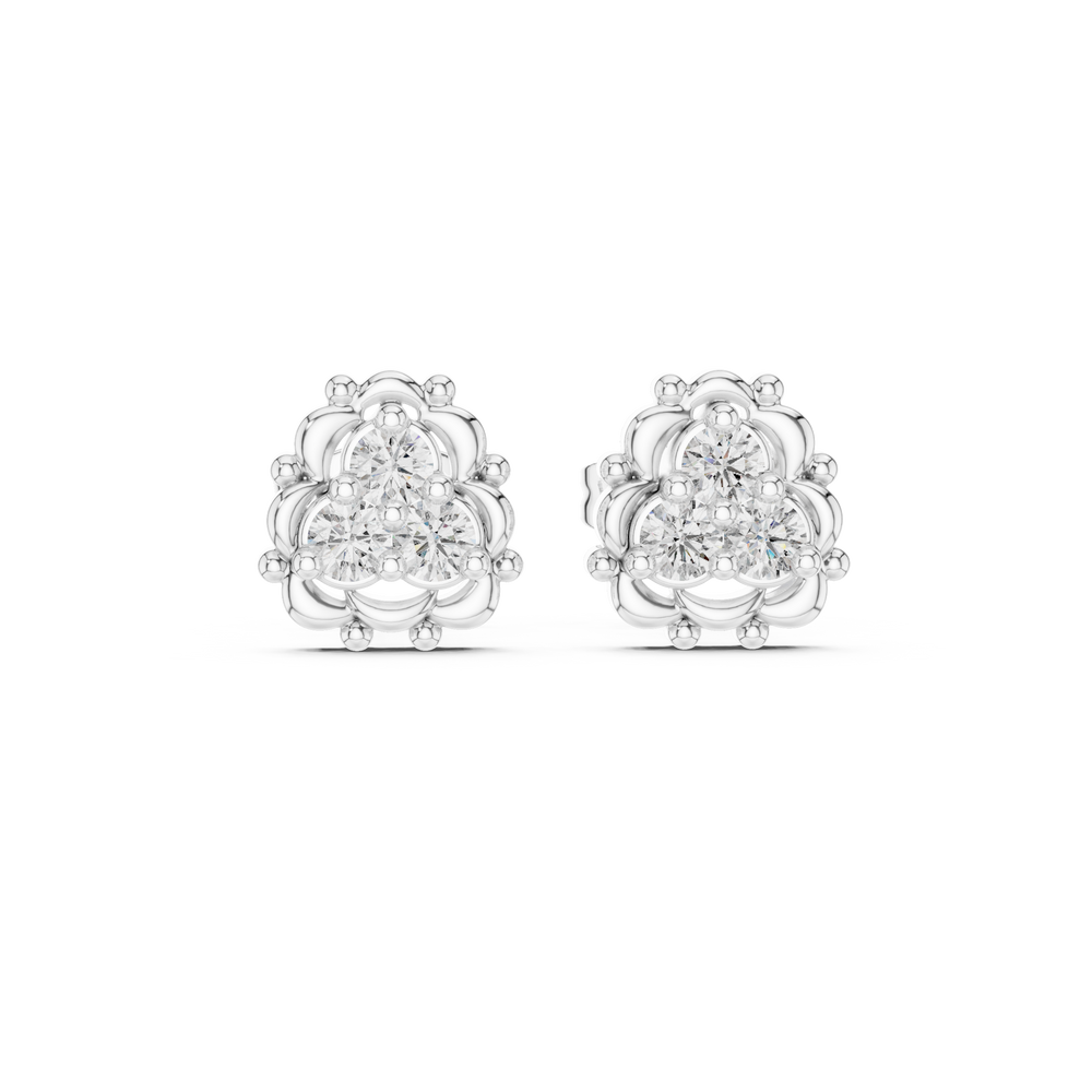 Lotus frame trio cluster stud earrings with three round prong set stones inside an ornate beaded lotus petal border frame