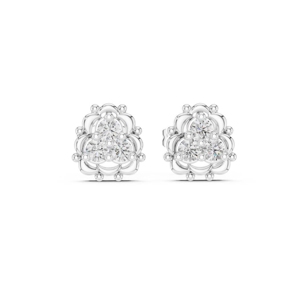 Lotus frame trio cluster stud earrings with three round prong set stones inside an ornate beaded lotus petal border frame