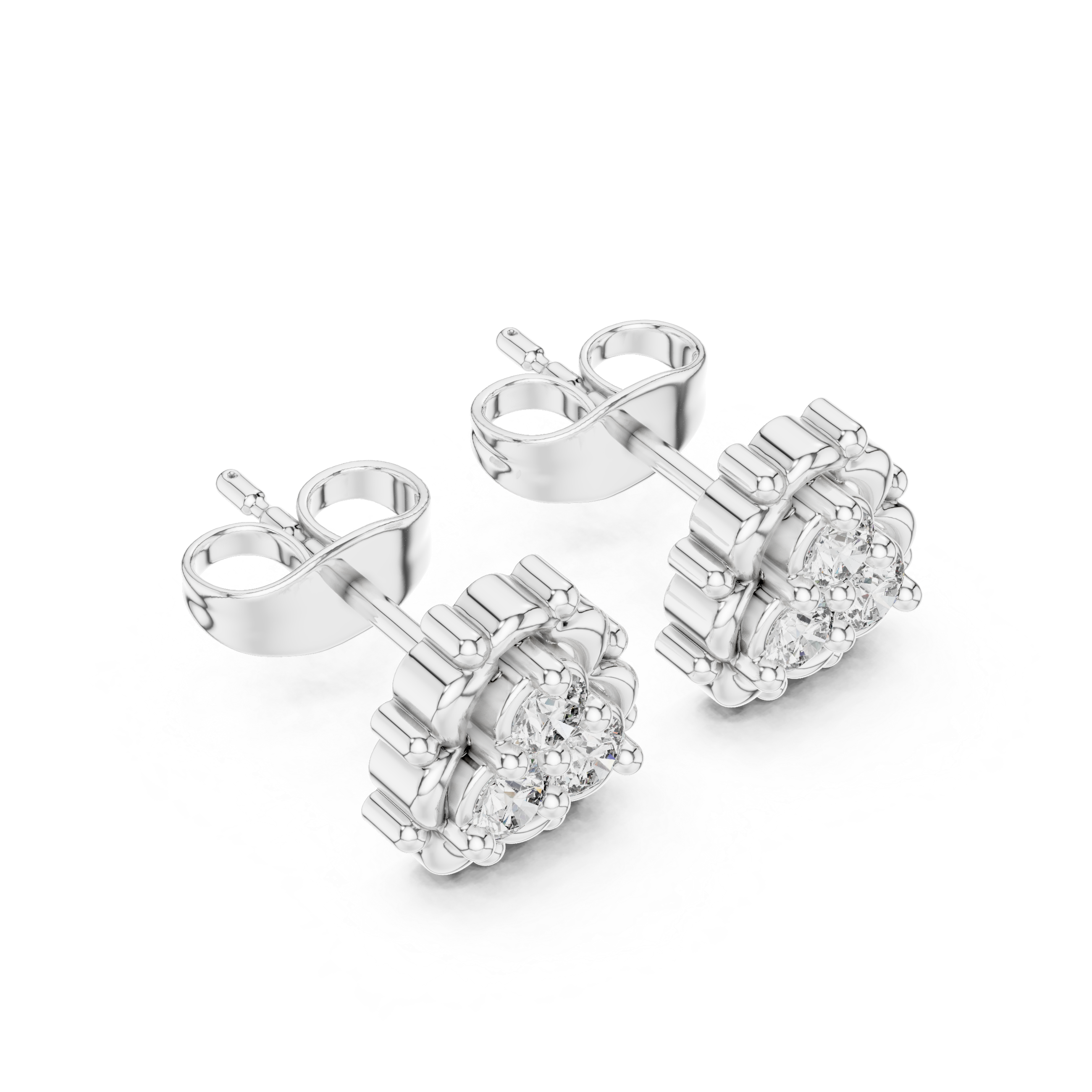 Lotus frame trio cluster stud earrings with three round prong set stones inside an ornate beaded lotus petal border frame