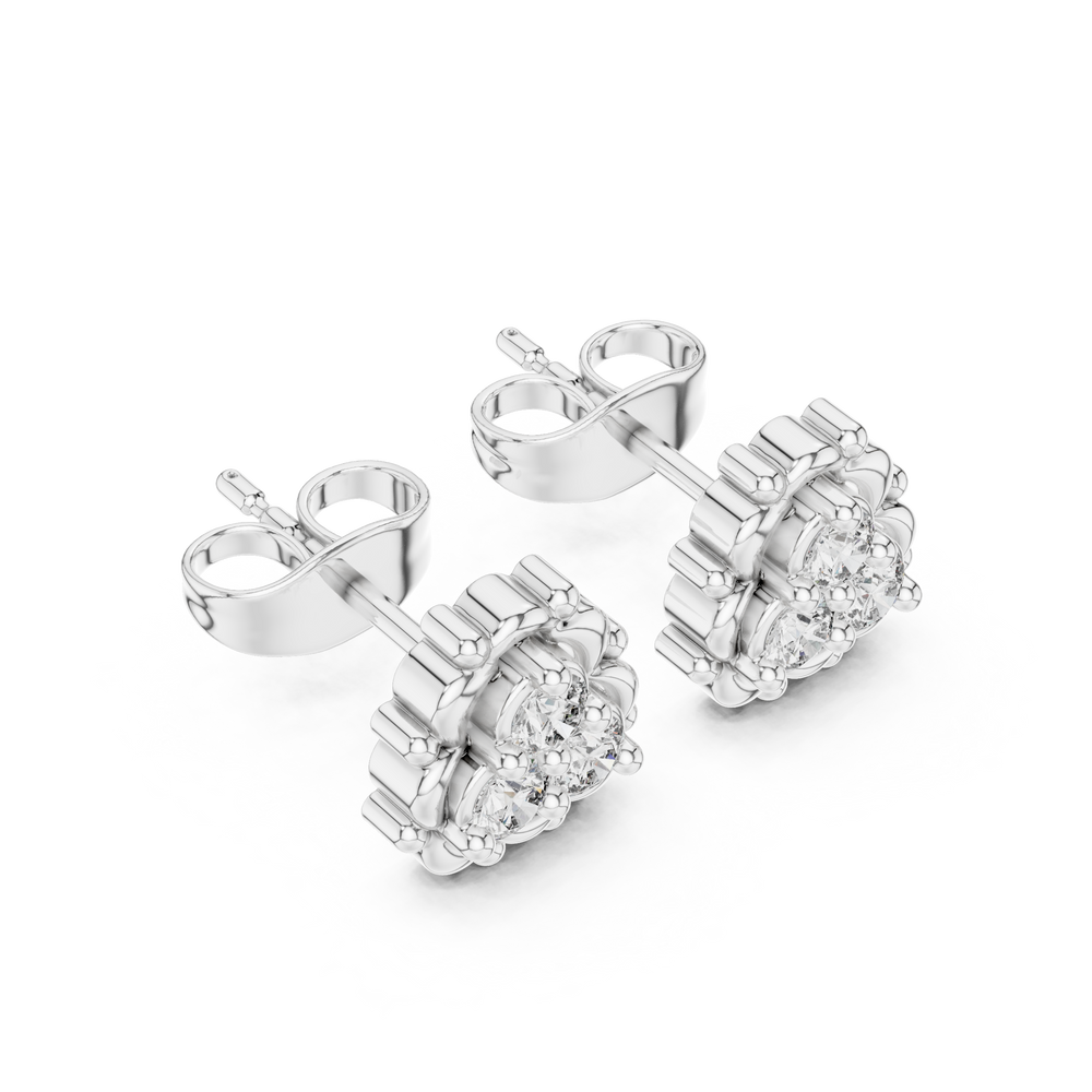 Lotus frame trio cluster stud earrings with three round prong set stones inside an ornate beaded lotus petal border frame