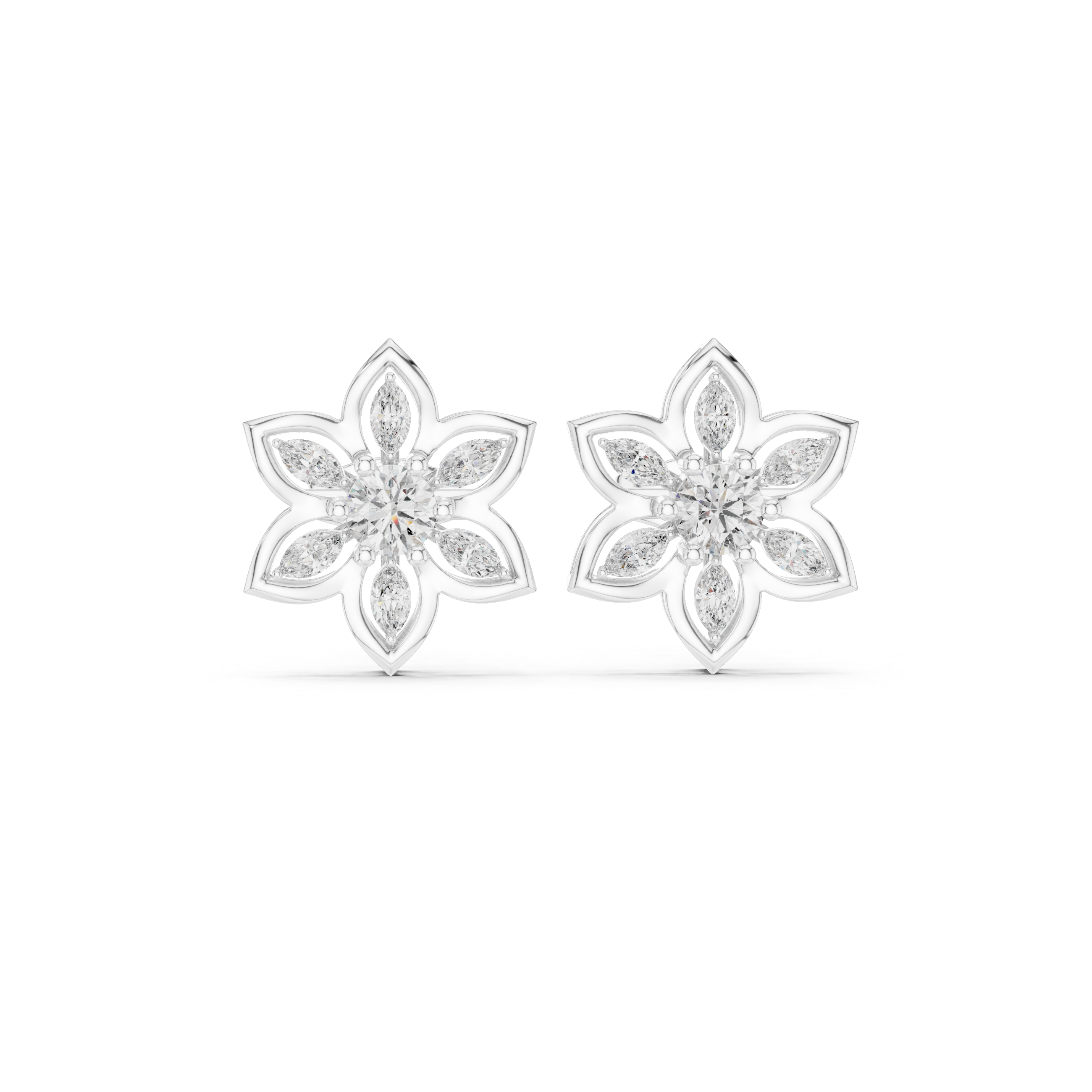 Lotus marquise petal stud earrings with open seven petal lotus frame, marquise stone petals and round centre stone