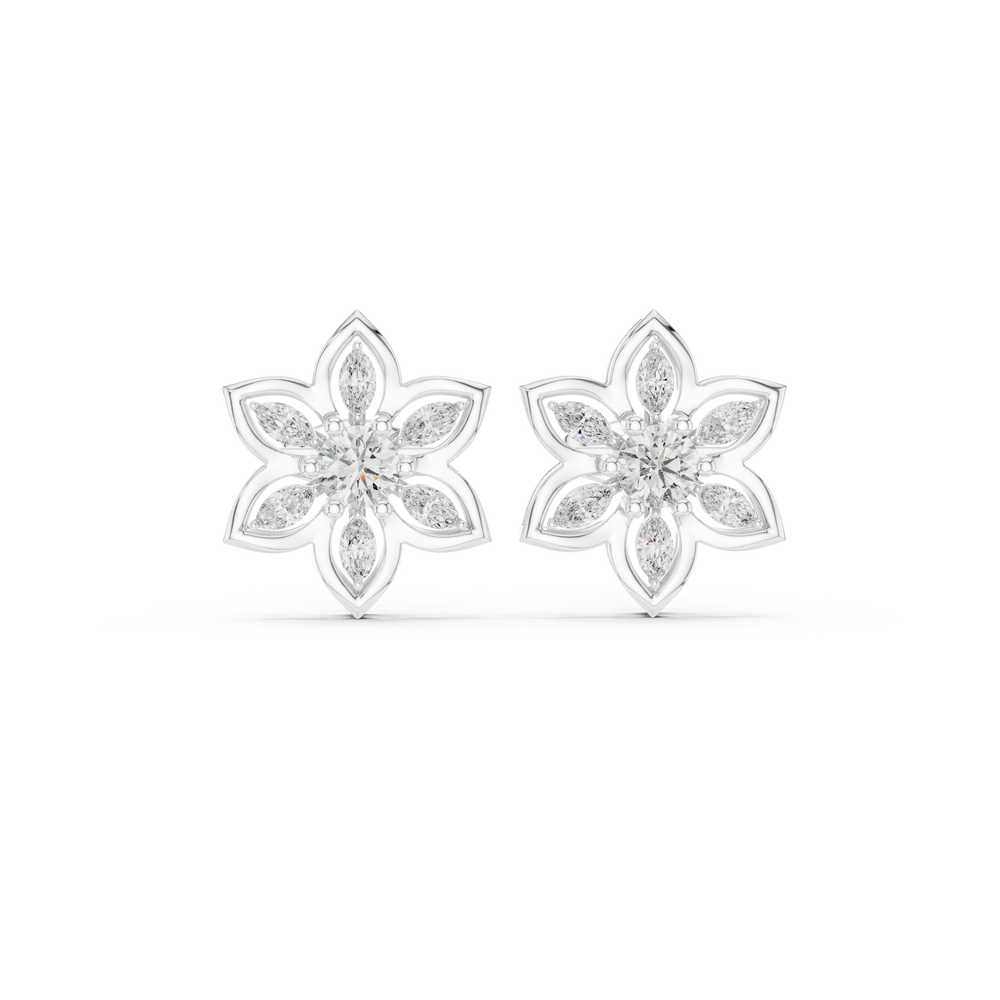 Lotus marquise petal stud earrings with open seven petal lotus frame, marquise stone petals and round centre stone