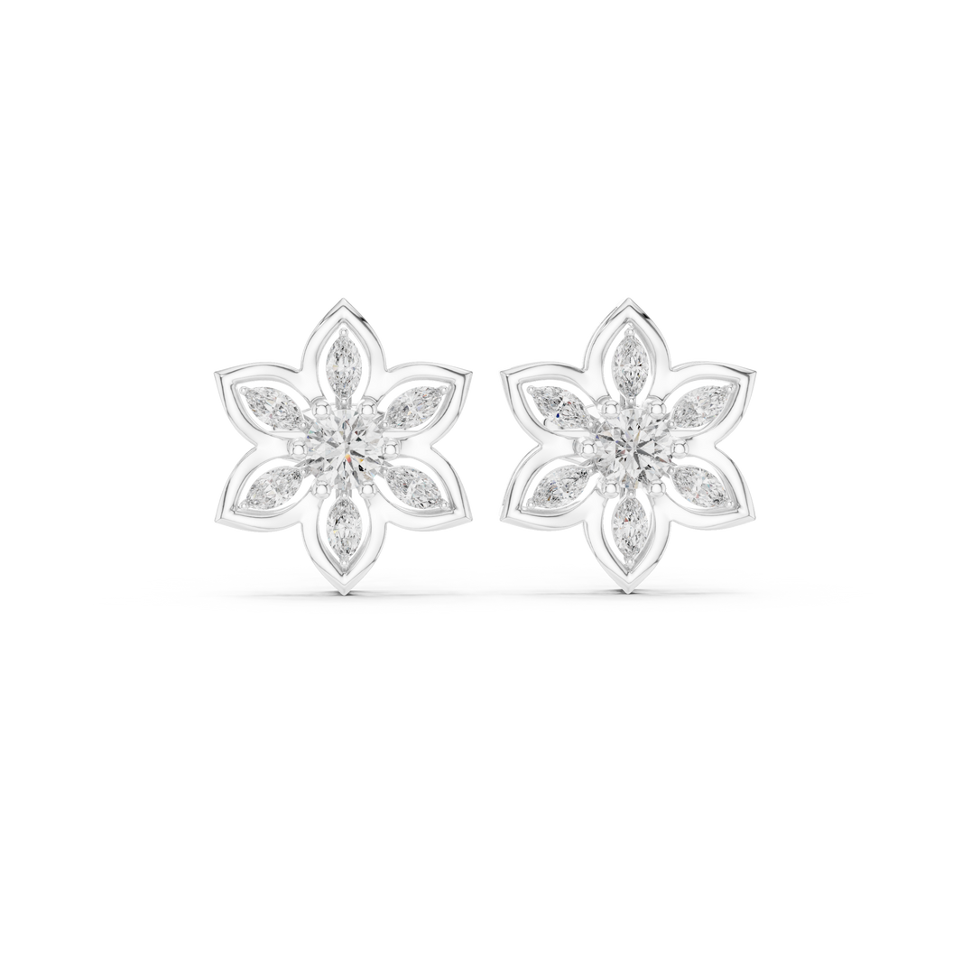 Lotus marquise petal stud earrings with open seven petal lotus frame, marquise stone petals and round centre stone