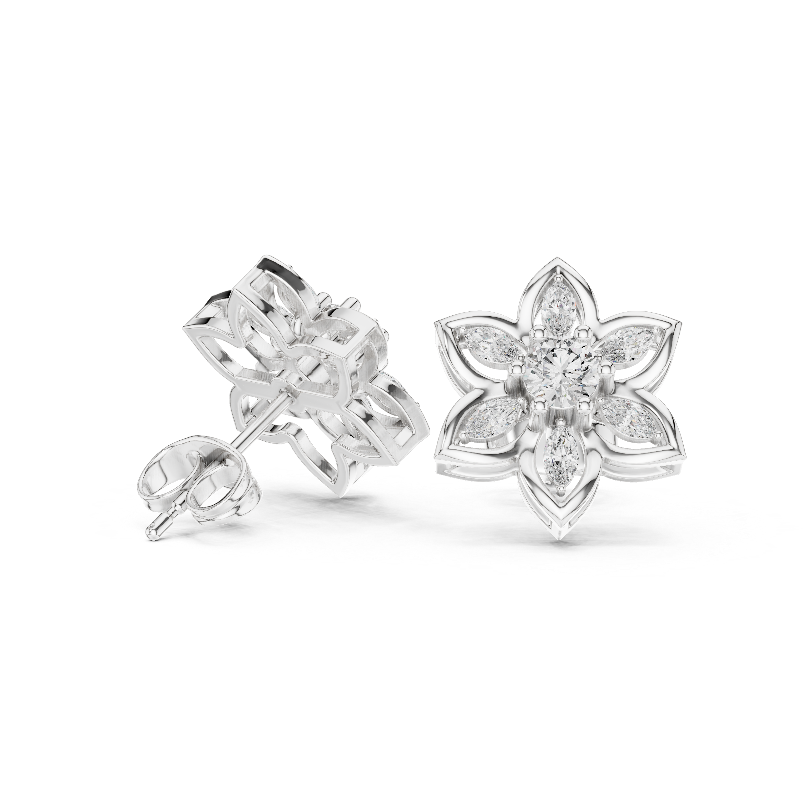 Lotus marquise petal stud earrings with open seven petal lotus frame, marquise stone petals and round centre stone