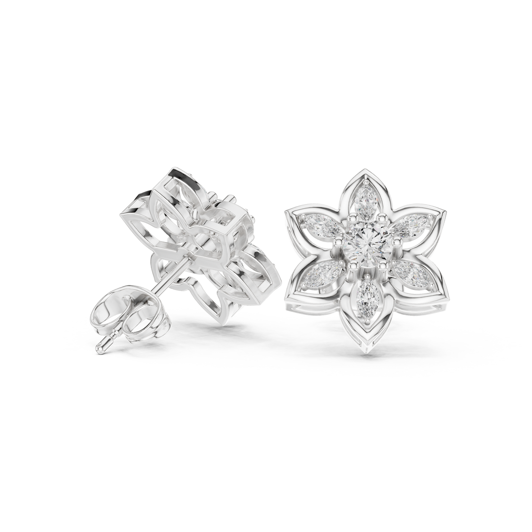 Lotus marquise petal stud earrings with open seven petal lotus frame, marquise stone petals and round centre stone