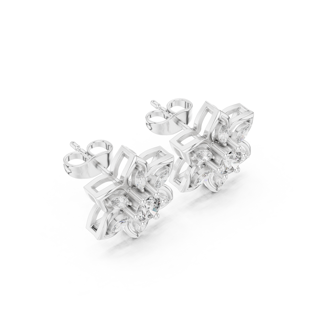 Lotus marquise petal stud earrings with open seven petal lotus frame, marquise stone petals and round centre stone