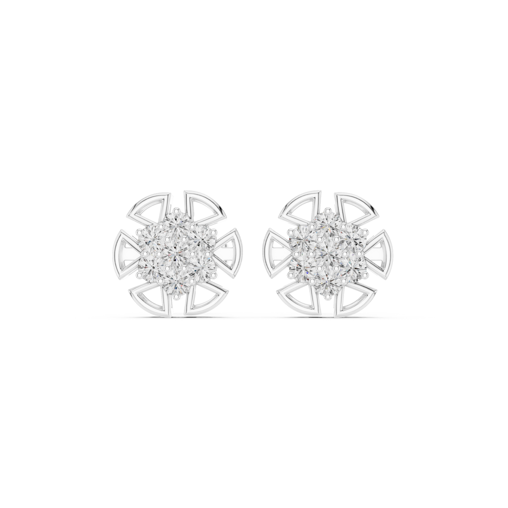 Round brilliant cluster centre with an open geometric mandala cross frame stud earring